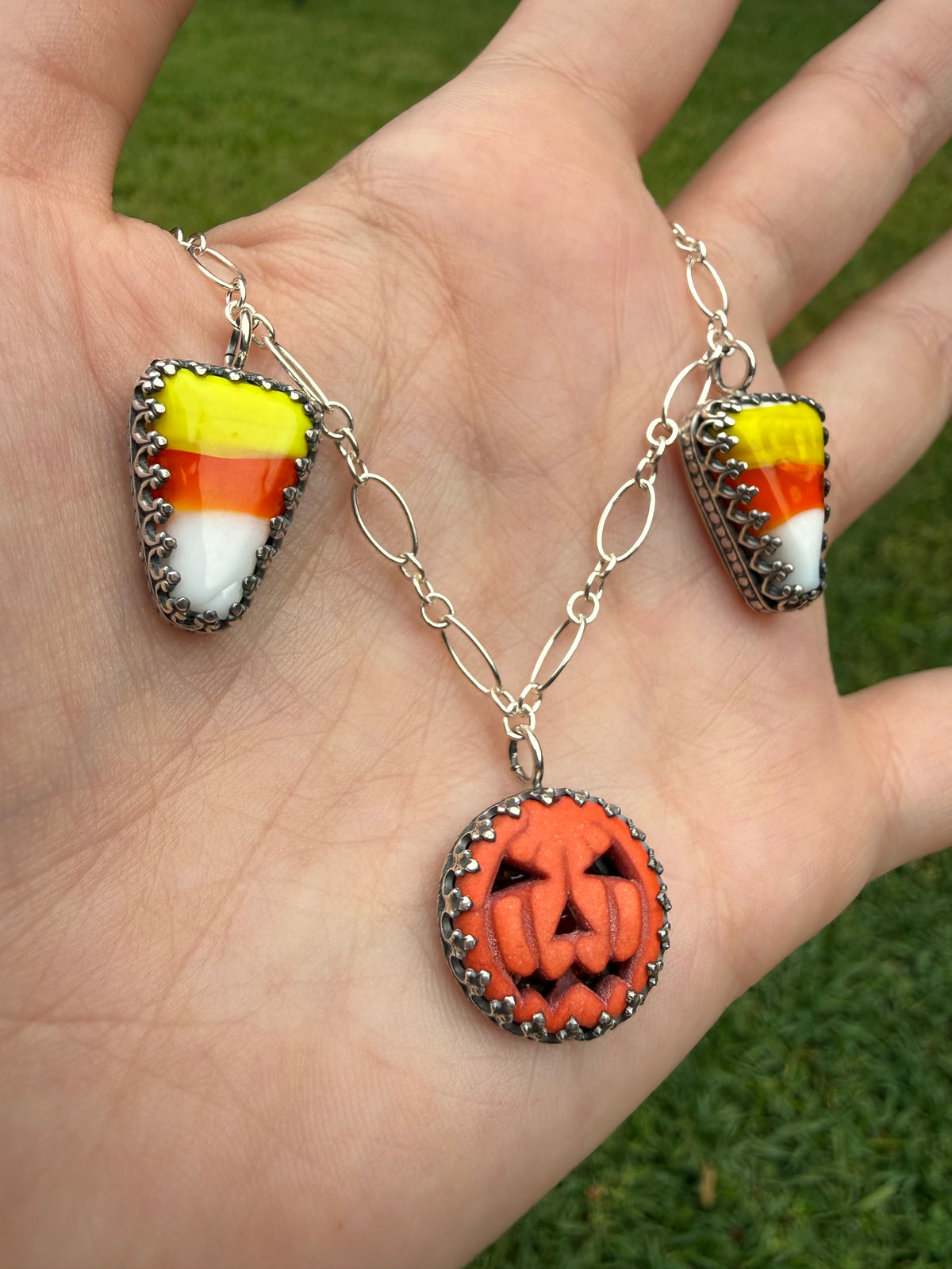 Halloween Pumpkin and Candy Corn Sterling Silver Charm Necklace