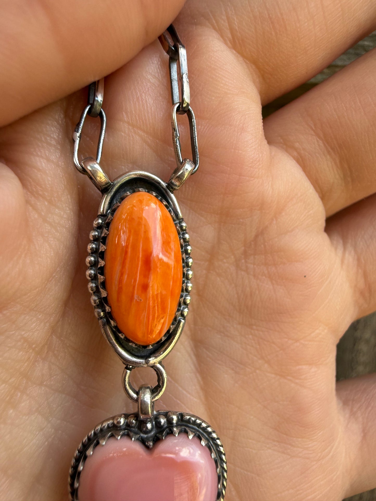 Multi Stone Orange spiny, pink Conch, Turquoise Sterling Silver Lariat