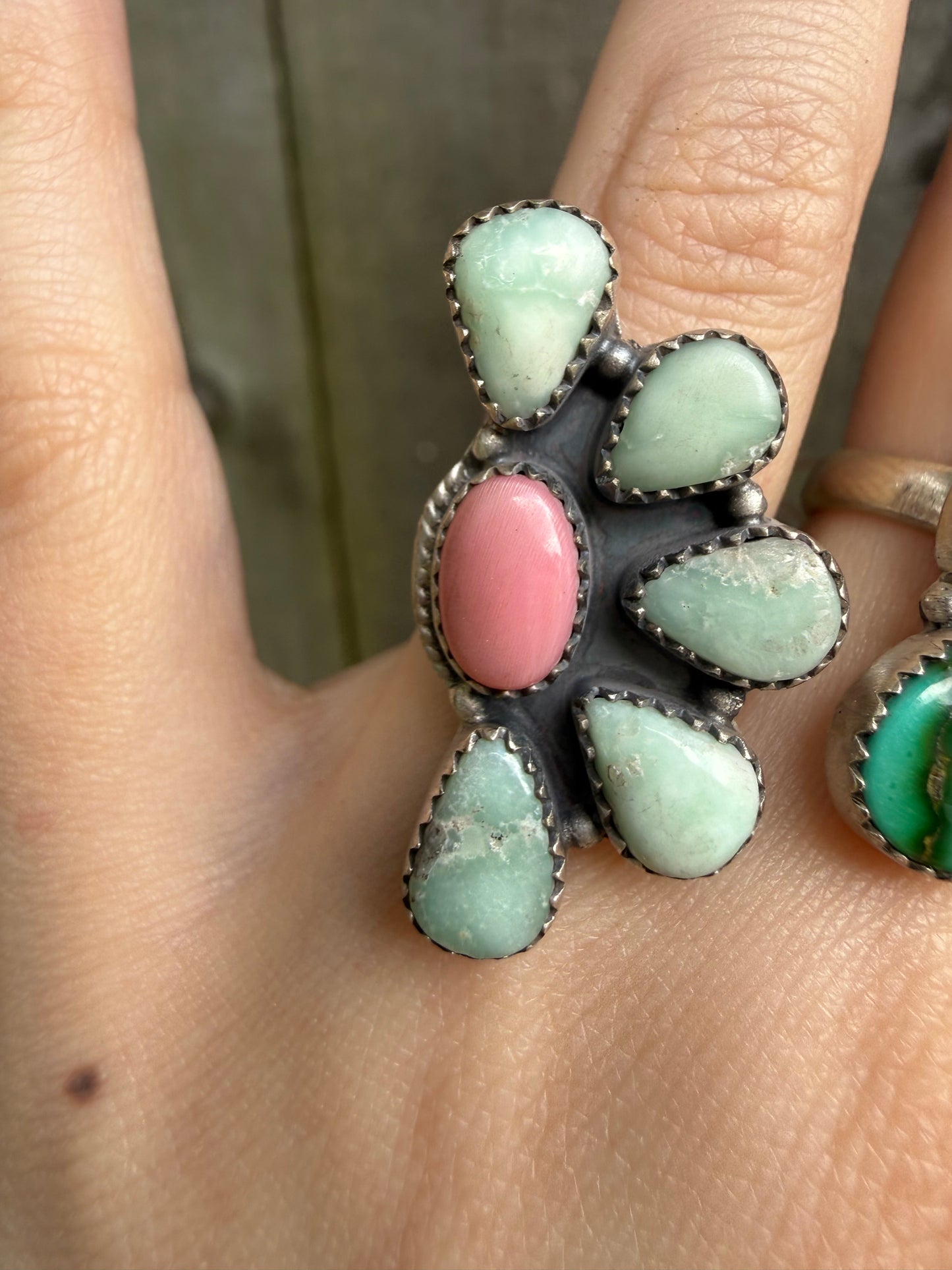 Pink Conch Multi Stone Half Cluster Sterling Silver Adjustable Ring