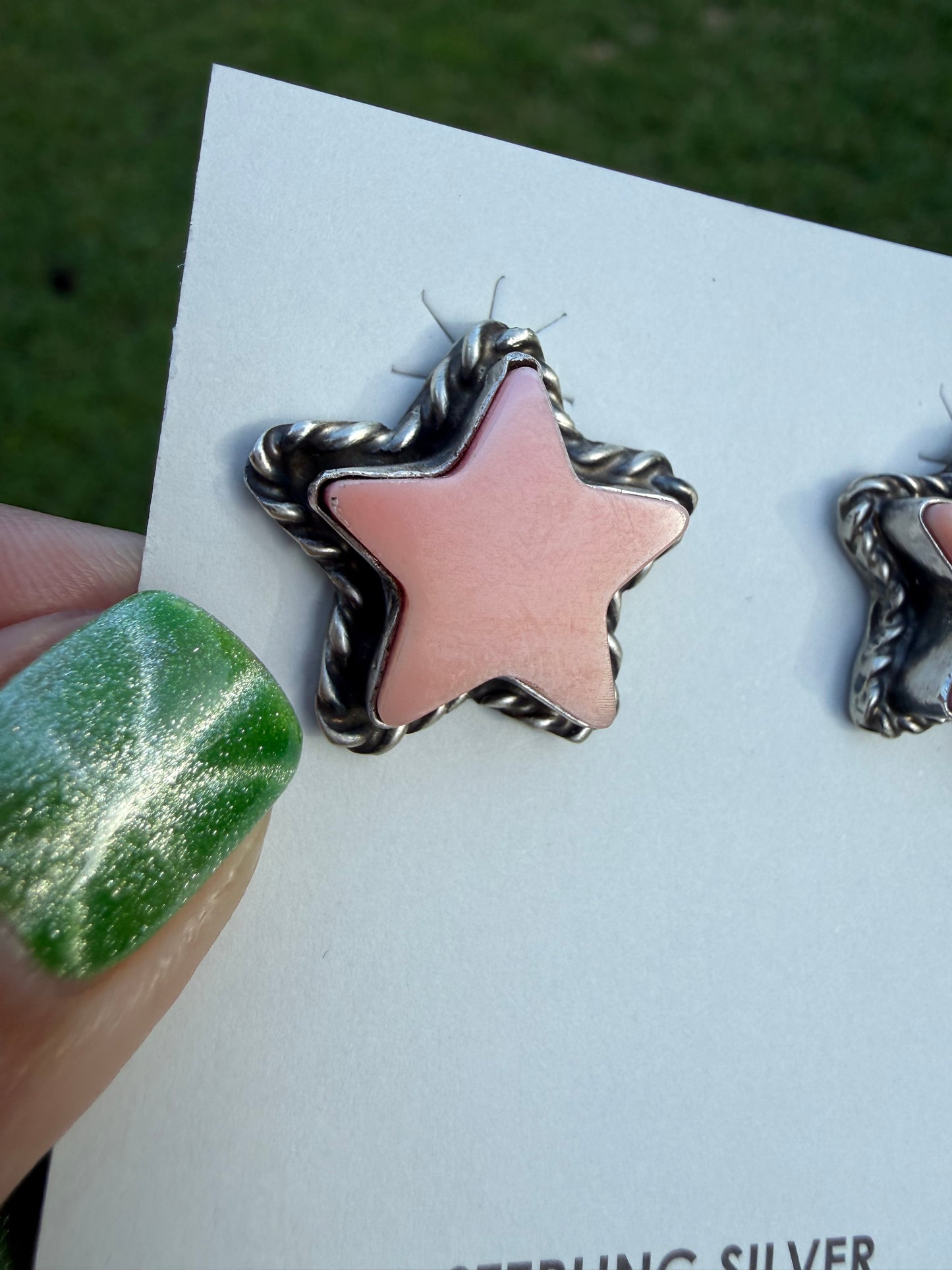 Navajo Pink Conch Star Sterling Silver Earrings by Larson Chee
