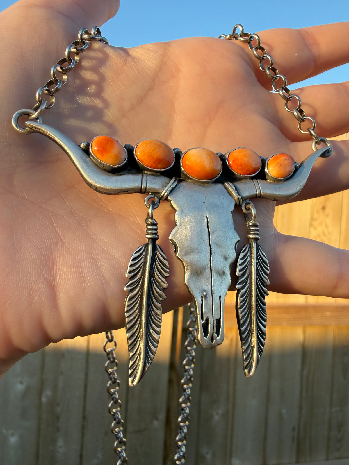 Navajo Orange Spiny Longhorn Feather Bar Sterling Silver Necklace