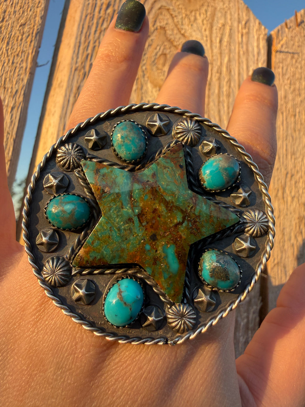 Navajo Turquoise Star Statment Cluster Sterling Silver Adjustable Ring