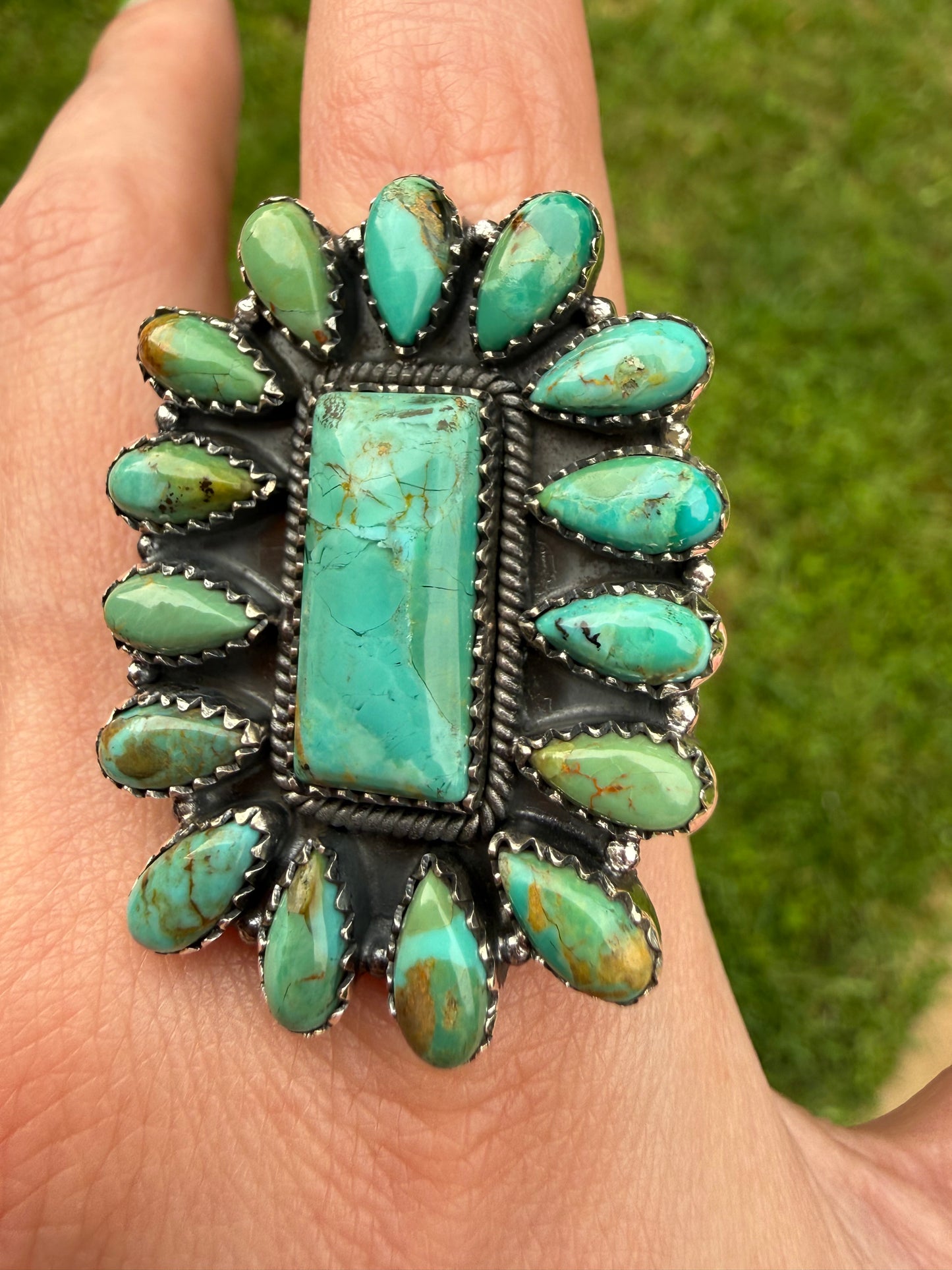 Kingman Turquoise Big Mama Full Cluster Sterling Silver Adjustable Ring
