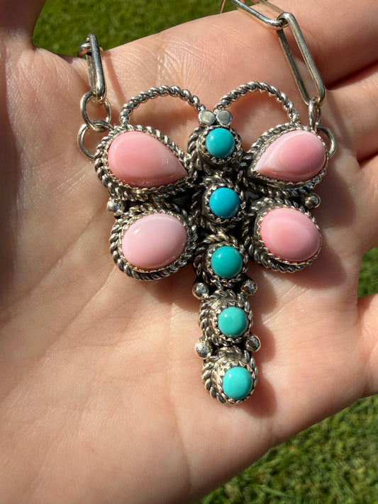 Navajo Sleeping Beauty Turquoise and Pink Conch Dragonfly Sterling Silver Necklace