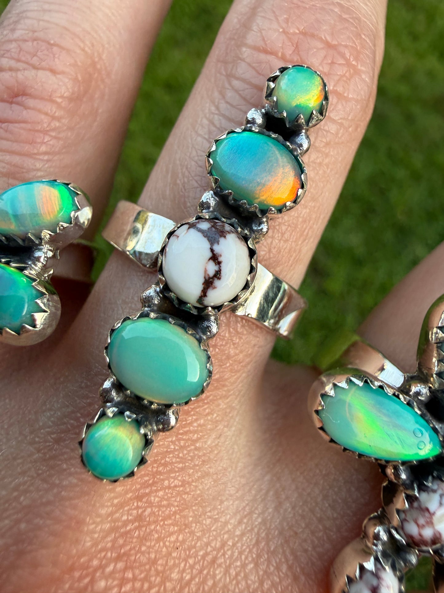 Wild Horse and Green Balloon Opal Sterling Silver Adjustable Rings