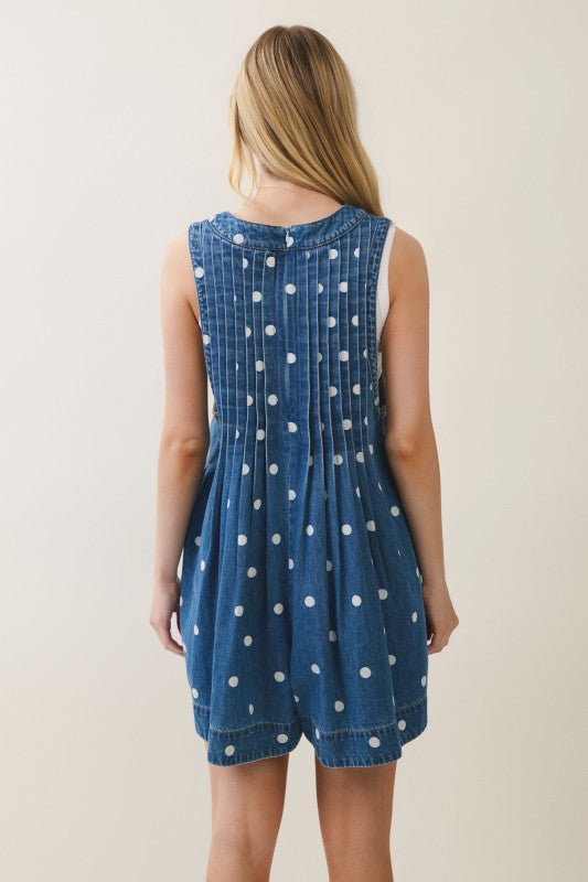 Lana Front Pleated V Neck Sleeveless Denim Romper - Polka Dot, Pink, Blue, Charcoal, Or Cheetah