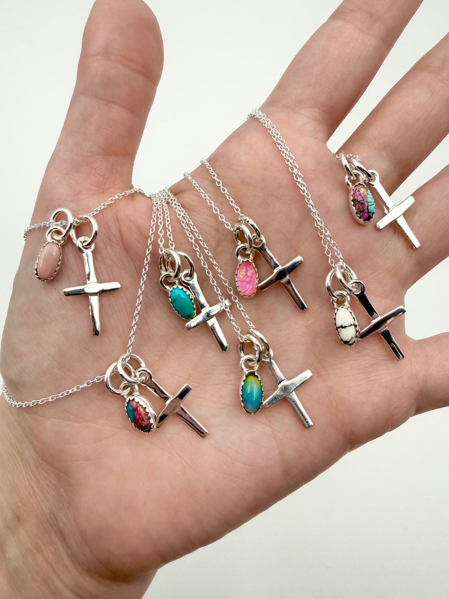 Sterling Silver Cross And Gemstone Charm Necklaces