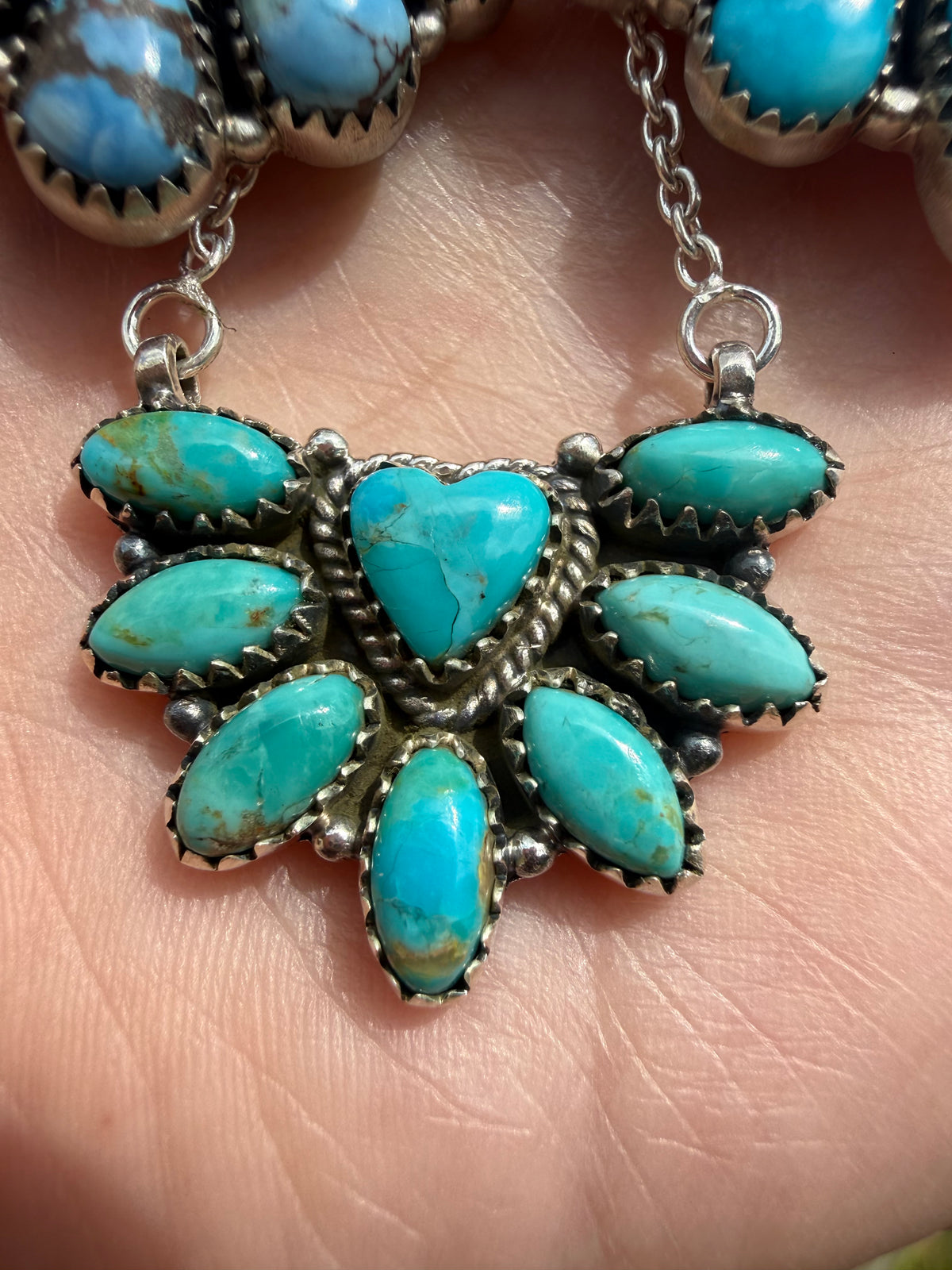 Premium Turquoise Heart Half Cluster Sterling Silver Necklace