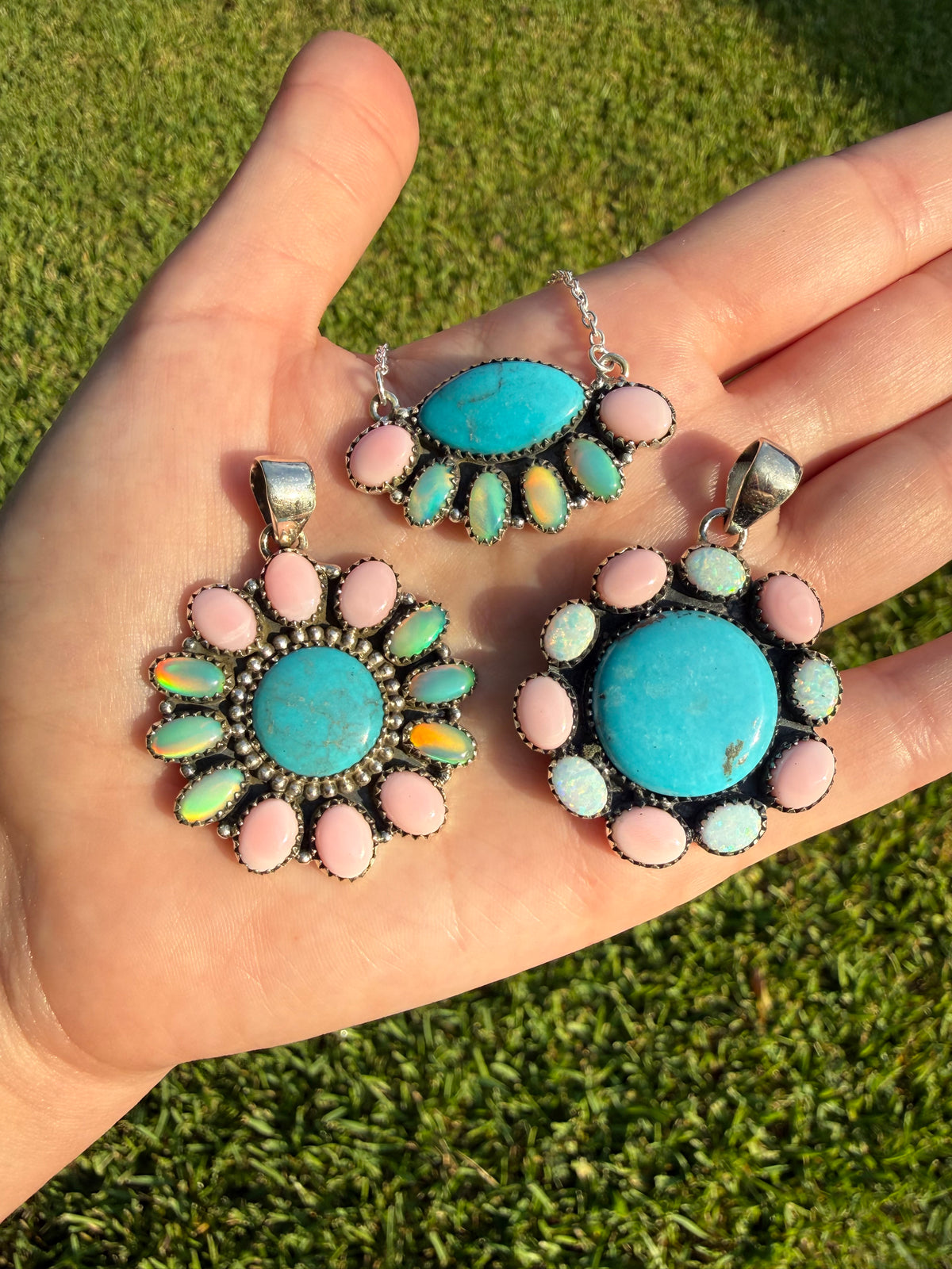Pink Conch, Kingman Turquoise and Balloon Opal Sterling Silver Pendant or Necklace