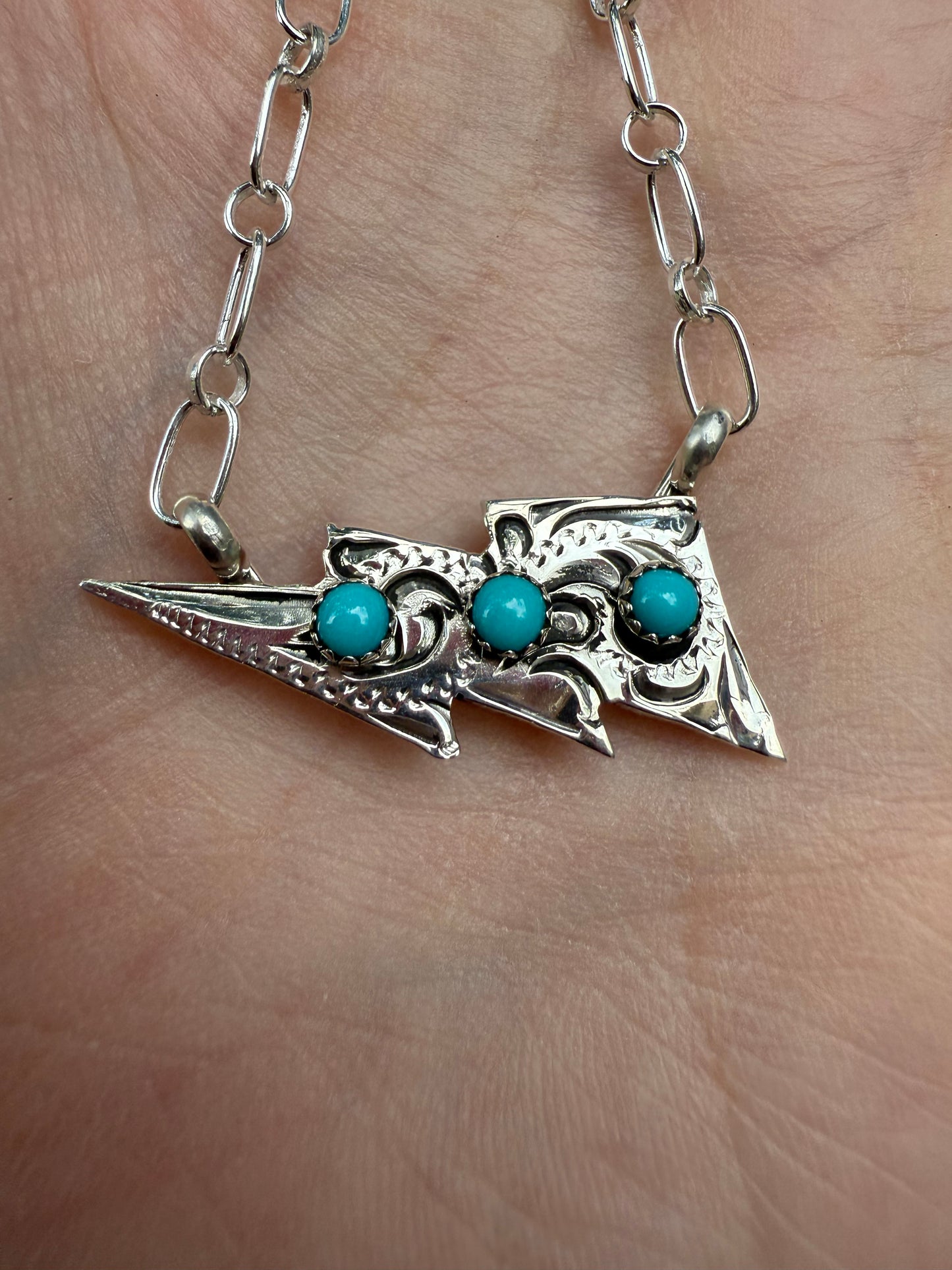 Navajo Turquoise Lightening Bolt  Sterling Silver Necklace by Arthur Bruggeman