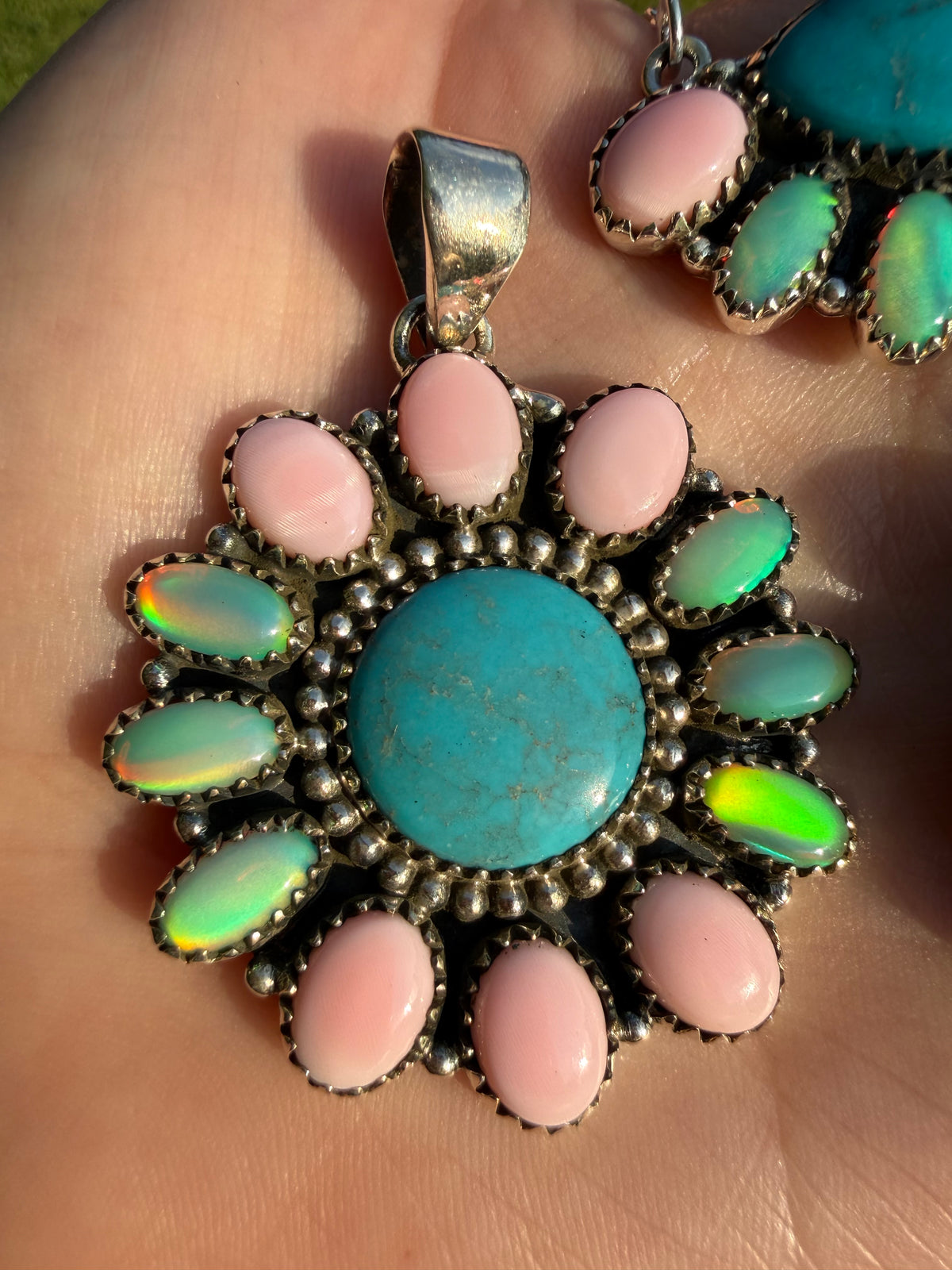Pink Conch, Kingman Turquoise and Balloon Opal Sterling Silver Pendant or Necklace