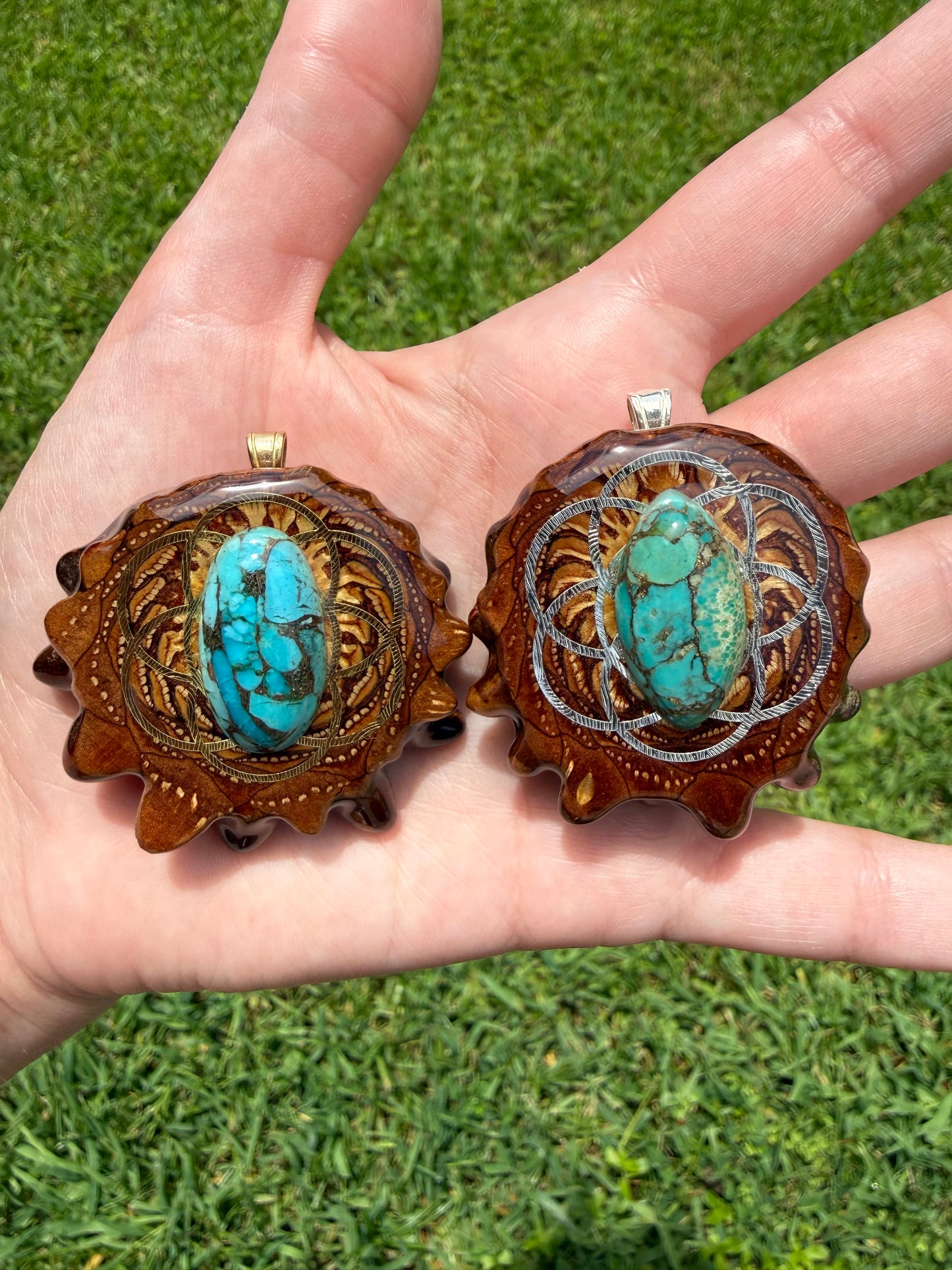 Blue Mohave Turquoise with Seed of Life Pinecone Pendant Necklace