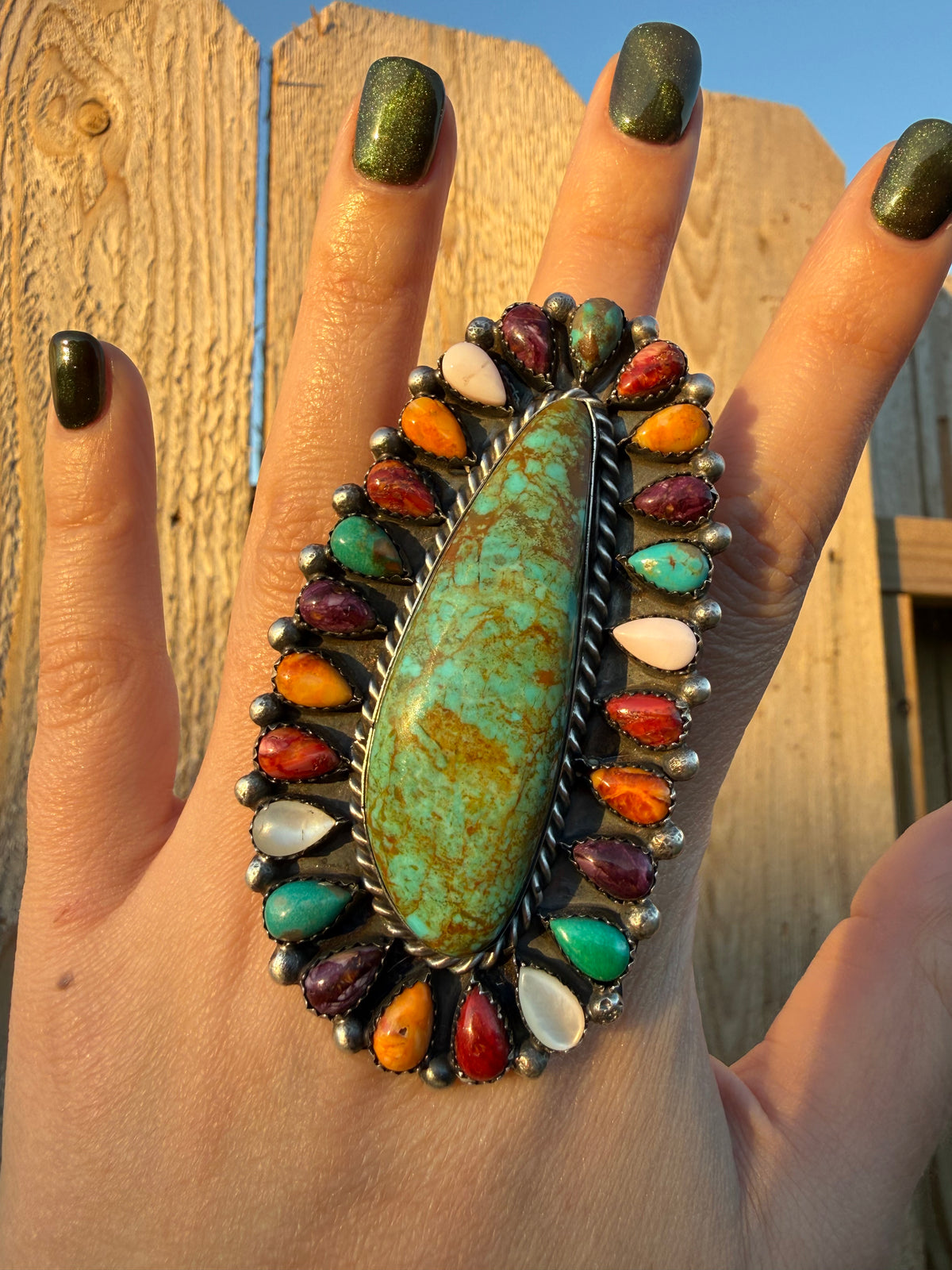 Navajo Multi Color and Turquoise Huge Full Flower Statement Adjustable Sterling Silver Ring