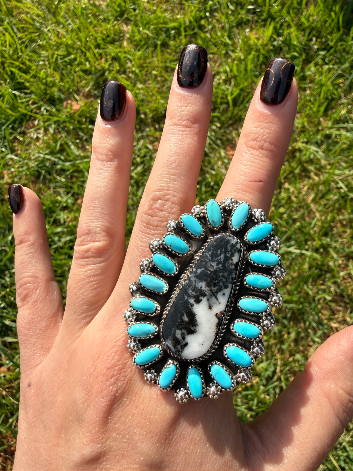 Navajo White Buffalo and Turquoise Big Statement Adjustable Sterling Silver Ring