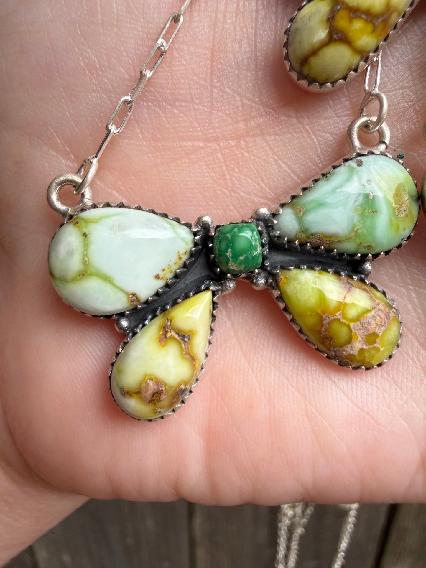 Palomino and Emerald Valley Turquoise Bow Sterling Silver Necklace