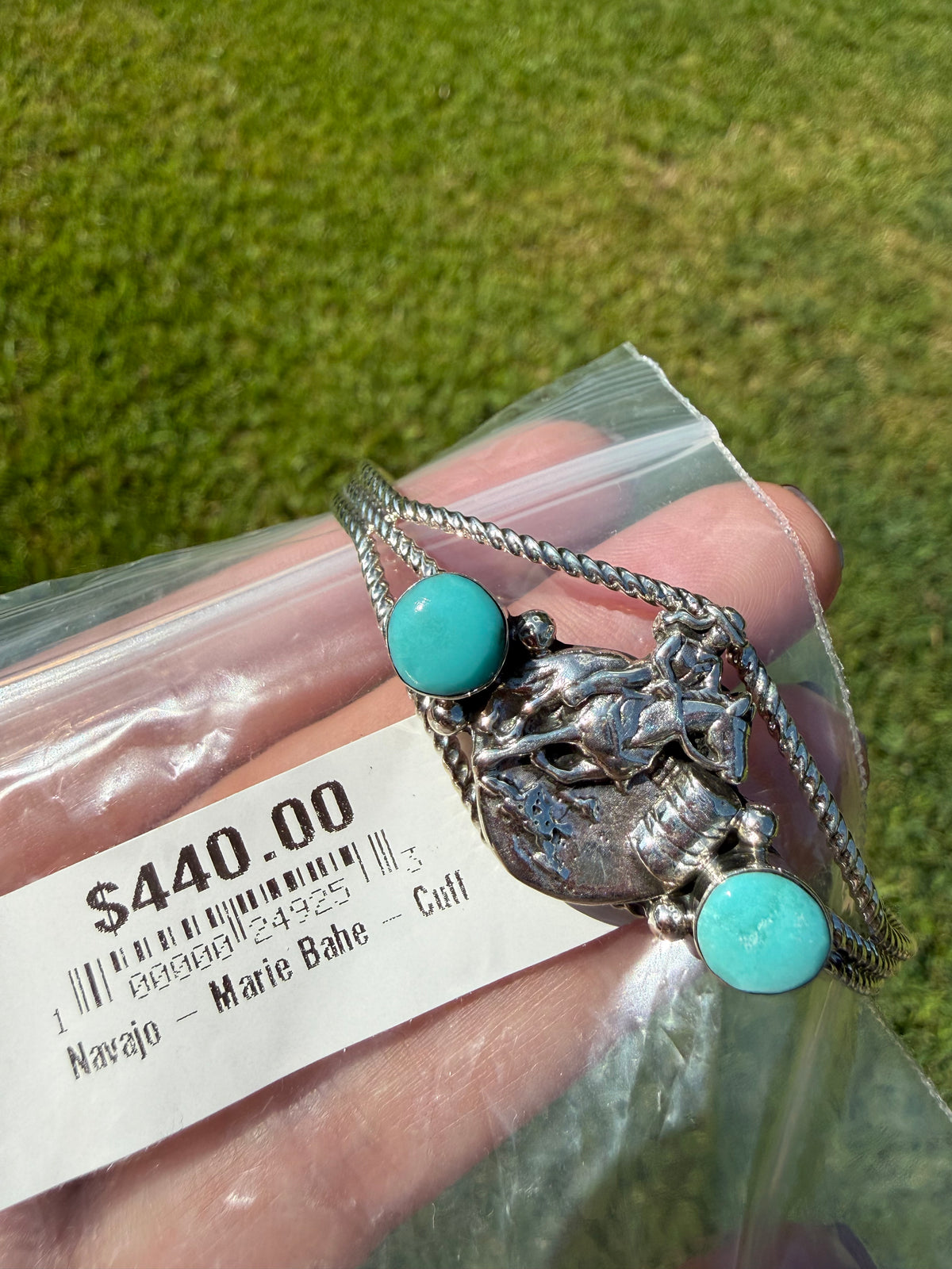 Navajo Turquoise Barrel Racer Horse Sterling Silver Cuff Bracelet