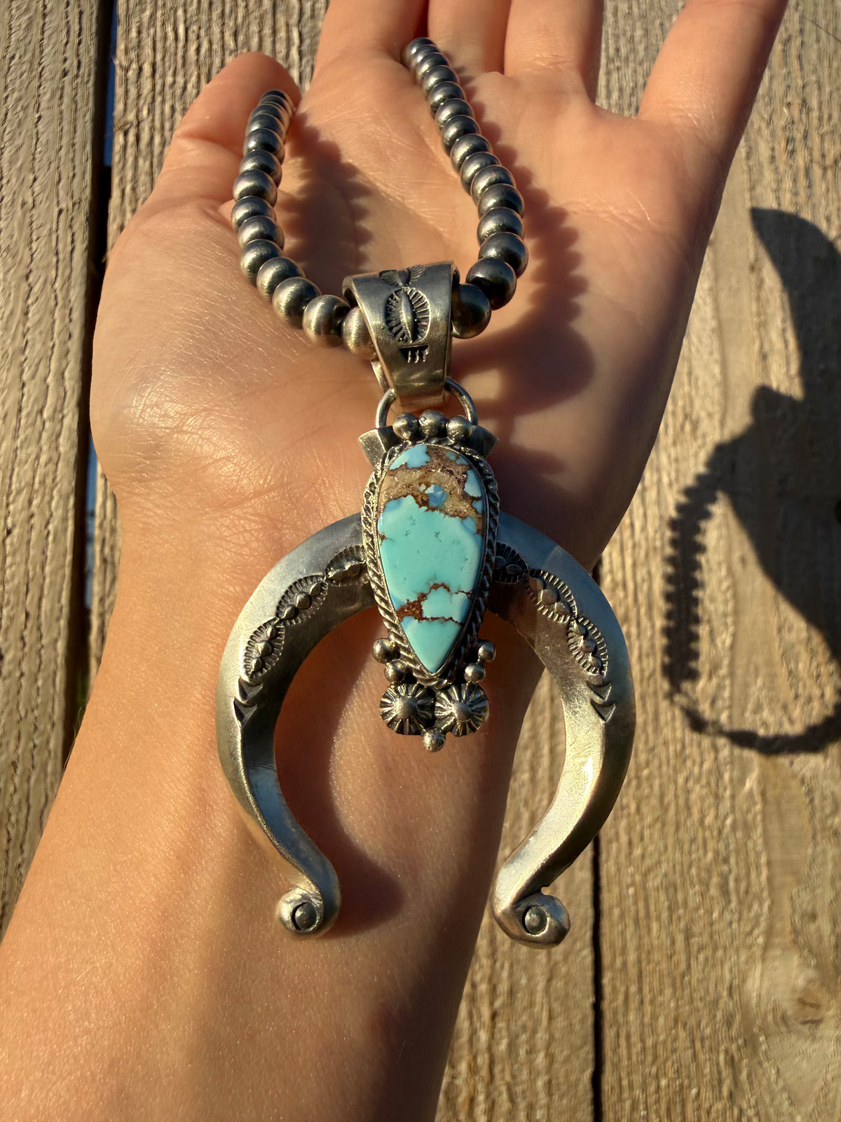 Navajo Golden Hills Turquoise Naja Sterling Silver with Desert Pearl Necklace