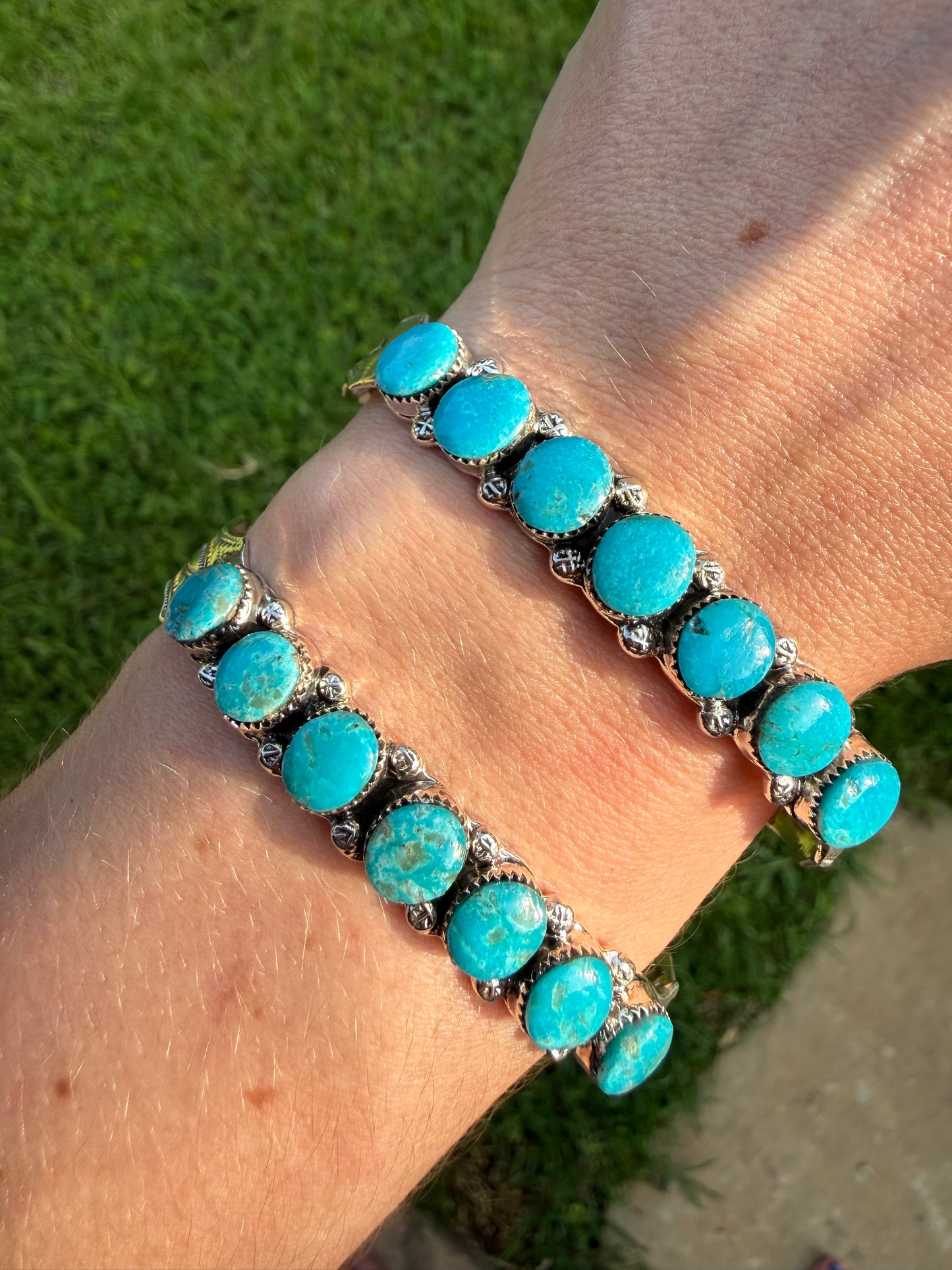 Navajo Turquoise 7 Stone Bar Sterling Silver Cuff Bracelet