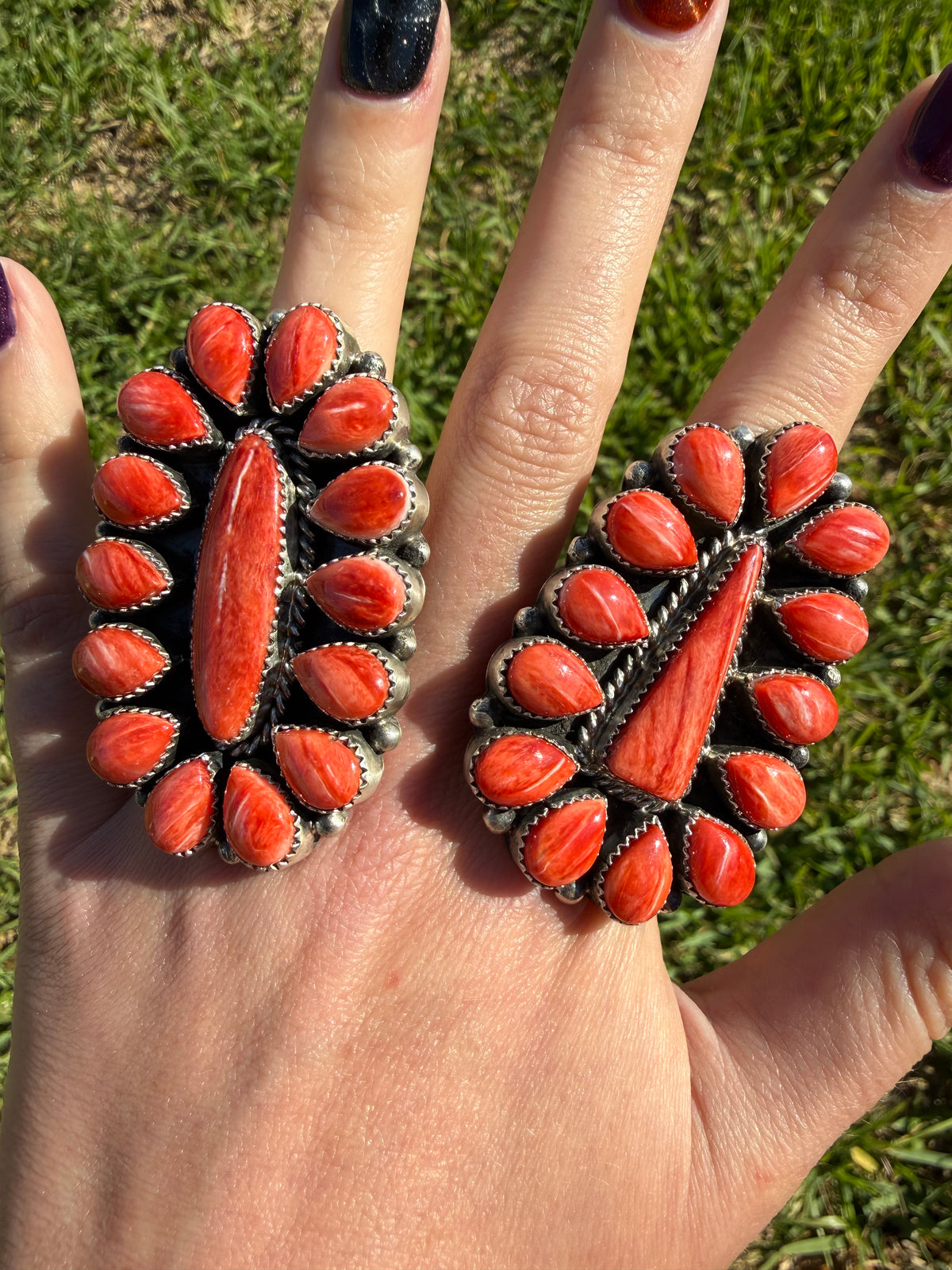 Navajo Red Spiny Big Statement Full Flower Cluster Sterling Silver Adjustable Ring