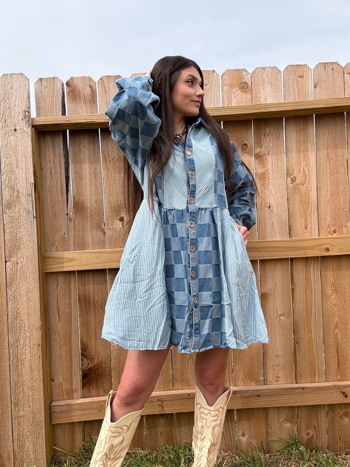 Check Me Out Denim Long Sleeve Button Down Dress
