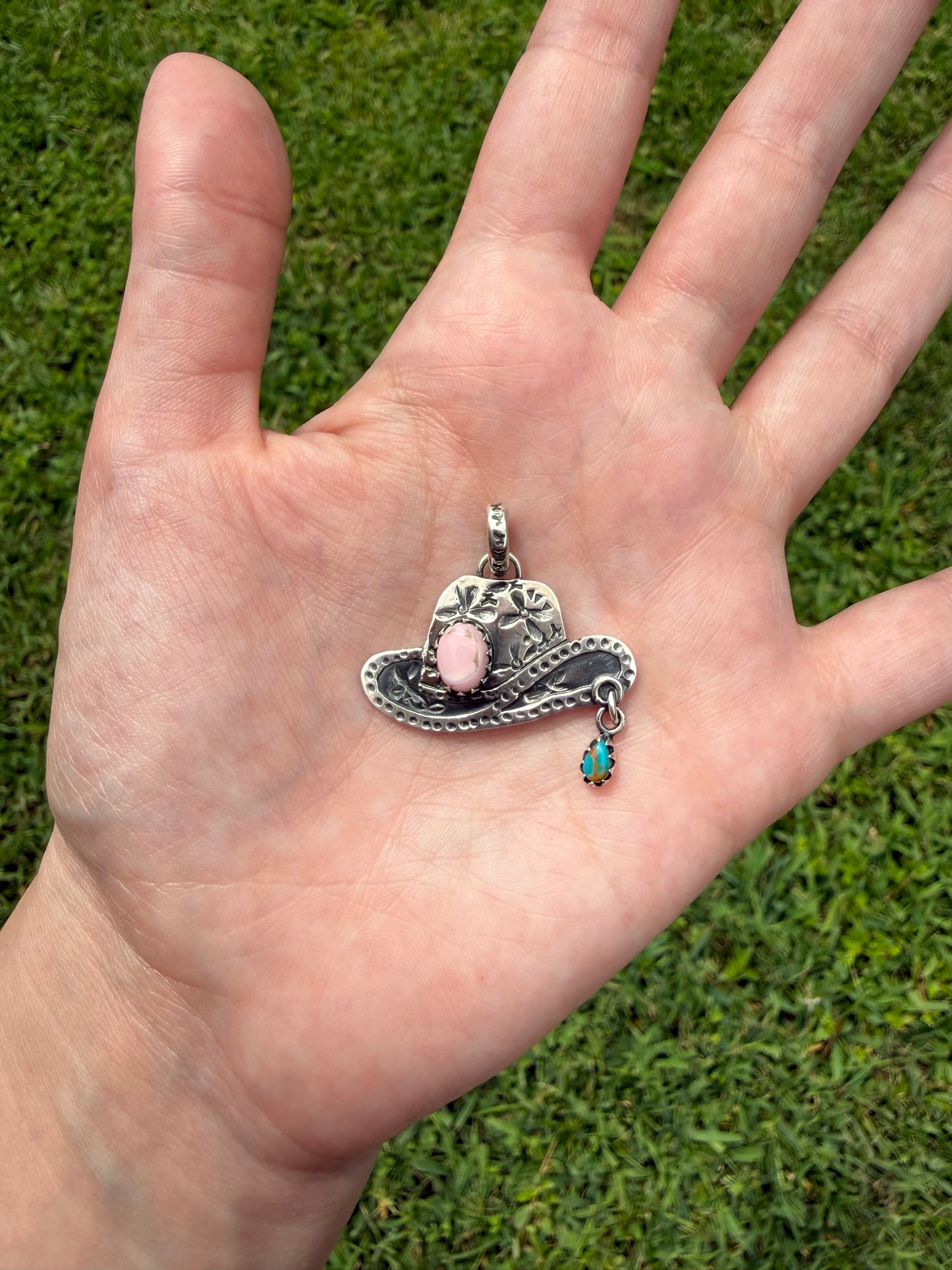 Pink Conch and Turquoise Sterling Silver Cowboy Hat Pendant