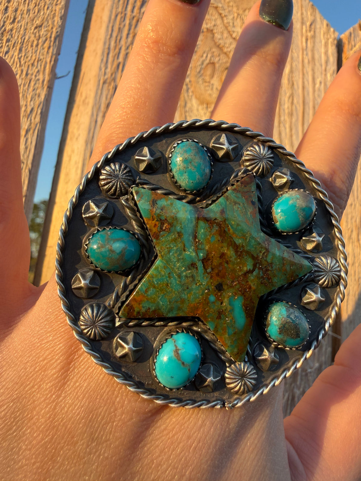 Navajo Turquoise Star Statment Cluster Sterling Silver Adjustable Ring