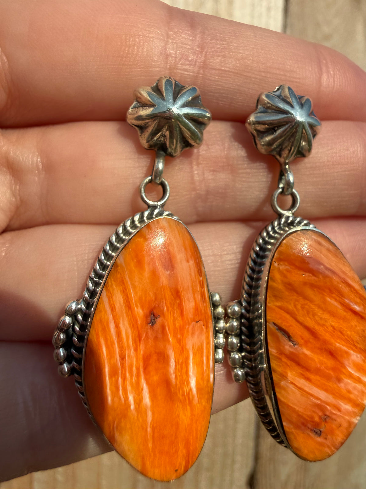 Navajo Orange Spiny Peyote Button Sterling Silver Big Drop Earrings