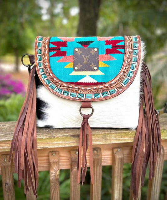 Upcycled LV Cowhide Leather Fringe Crossbody Bag Western