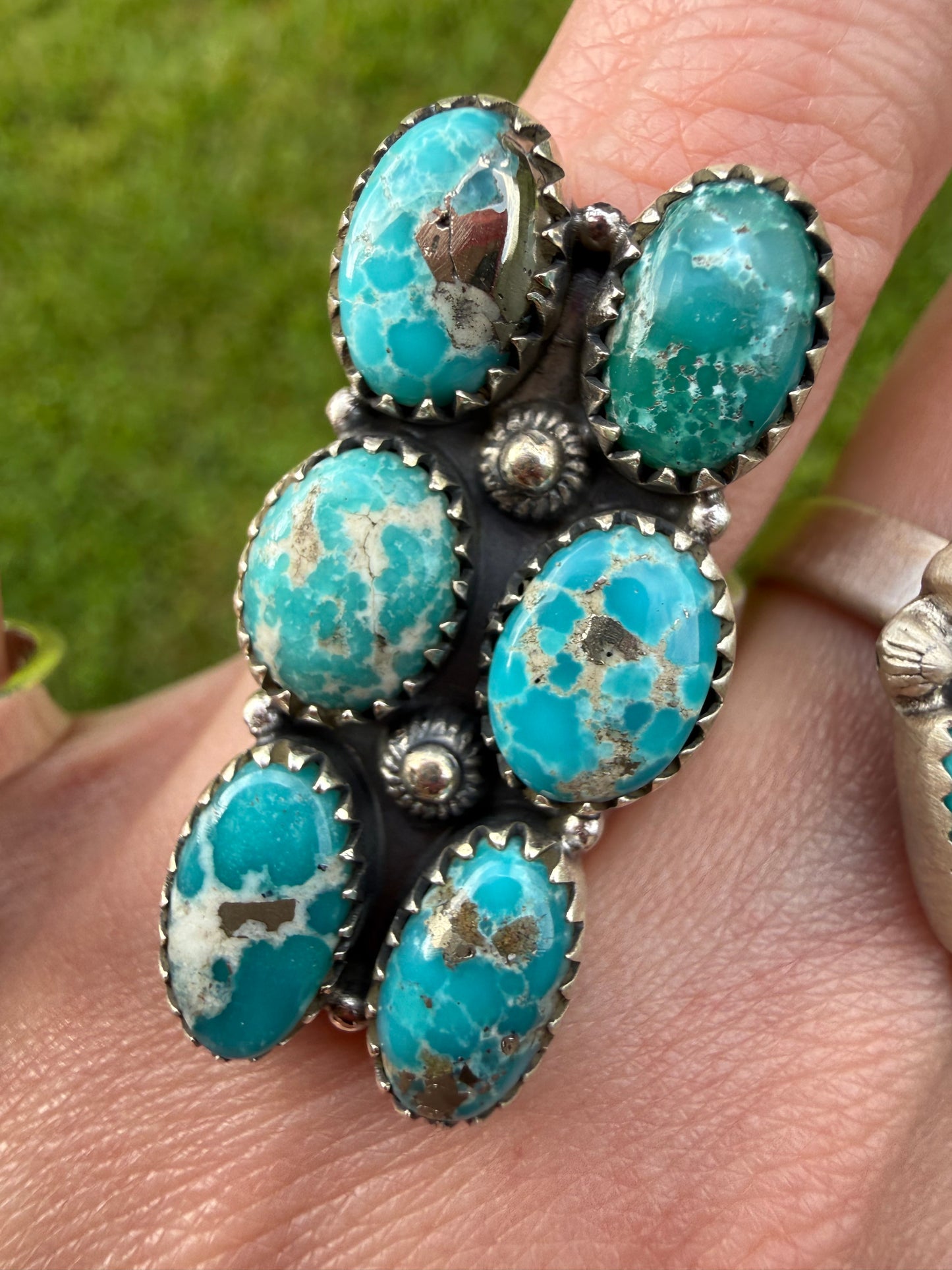 Whitewater Turquoise Cluster Sterling Silver Adjustable Ring
