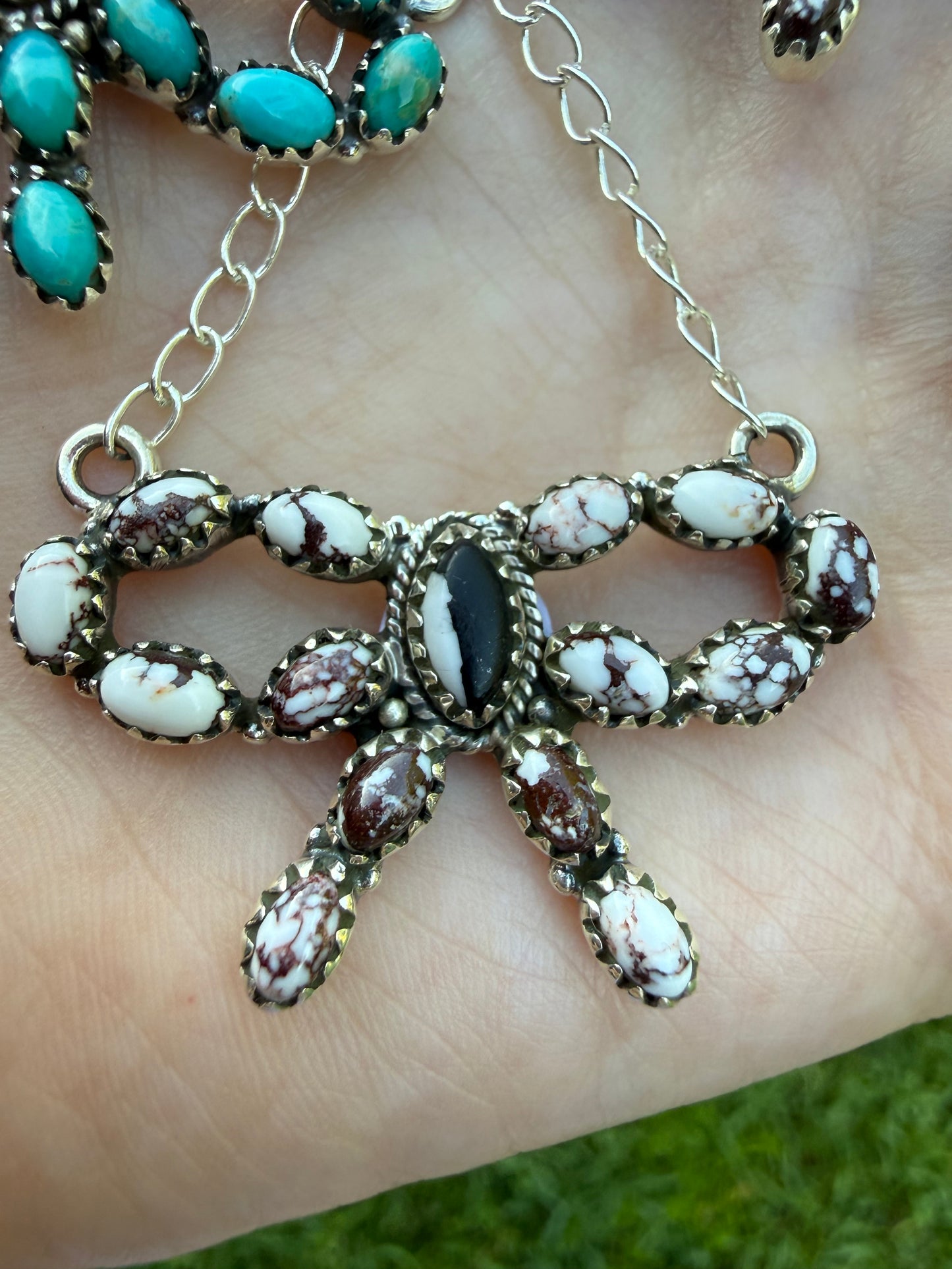 Turquoise and Multi Stone Bow Sterling Silver Necklace
