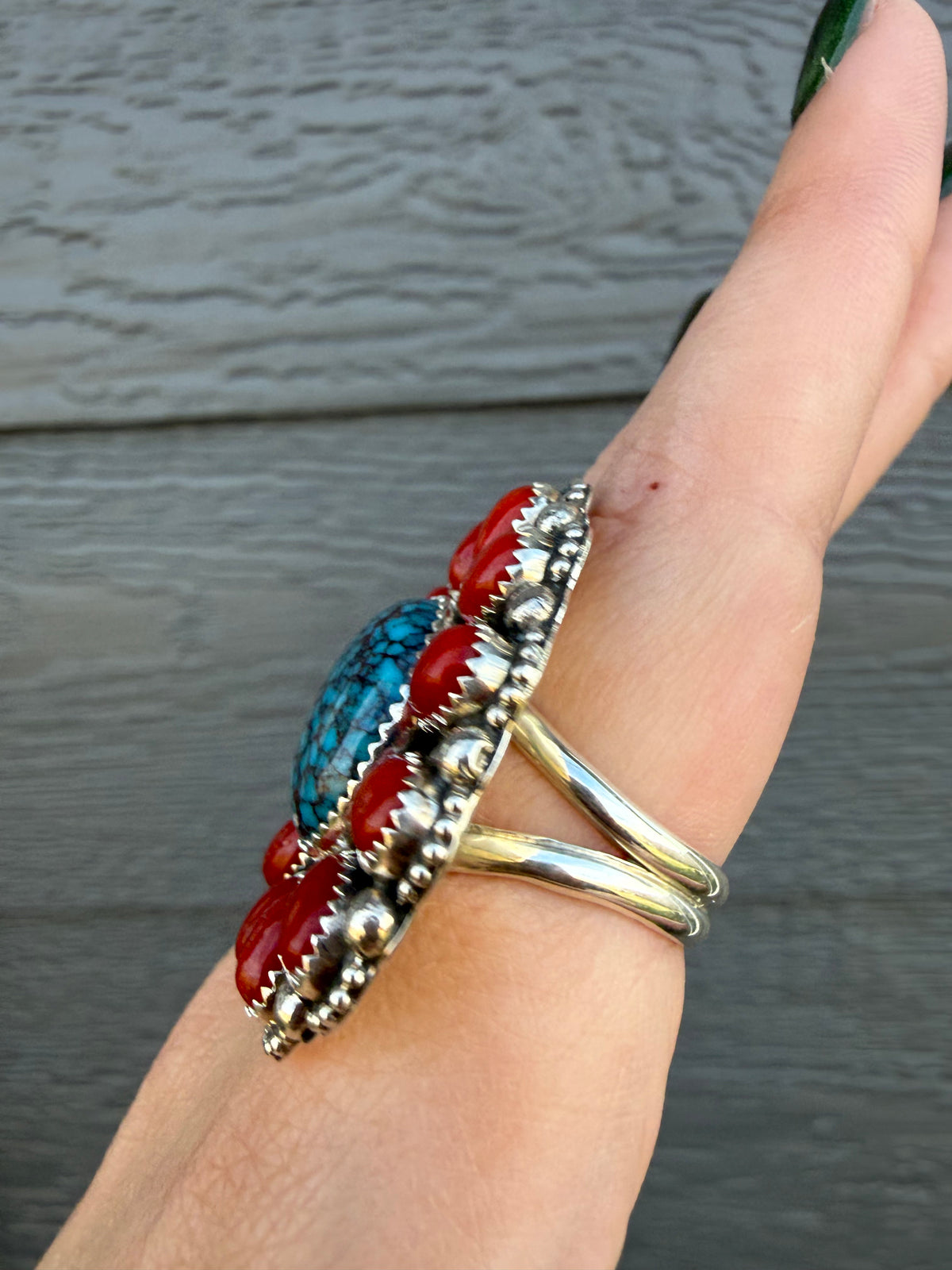 Navajo Webbed Kingman Turquoise and Coral Full Flower Adjustable Sterling Silver Ring