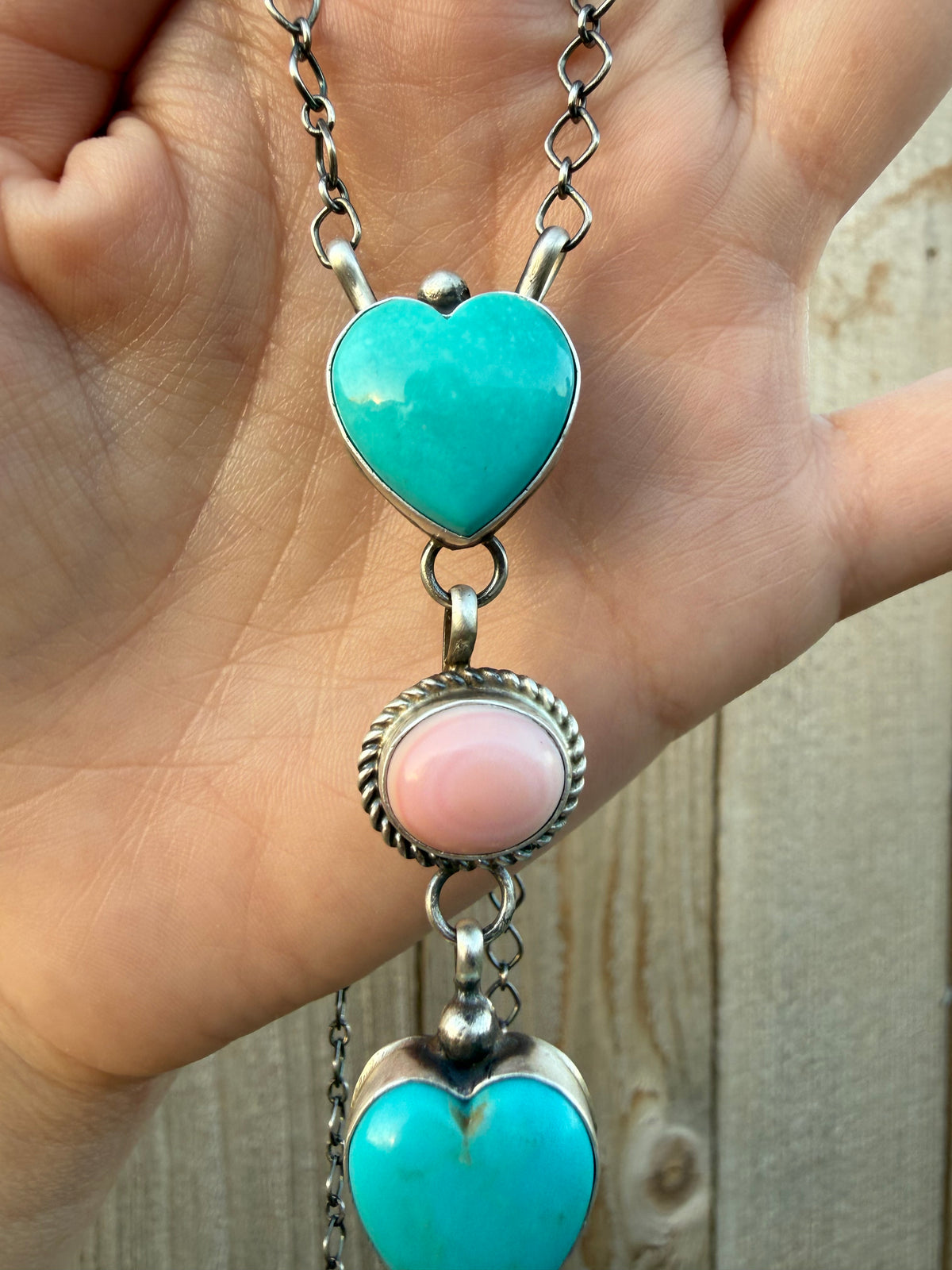 Navajo Pink Conch and Turquoise Heart Lariat Sterling Silver Handmade Necklace by Vicky Hicks