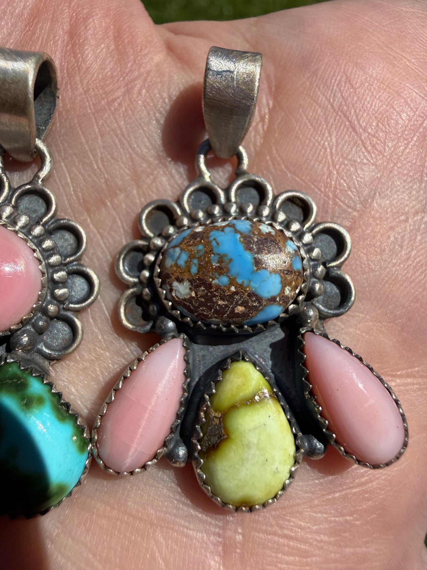 Pink Conch, Golden Hills, Palomino, or Sonoran Gold Turquoise Flower Half Cluster Sterling Silver Pendant