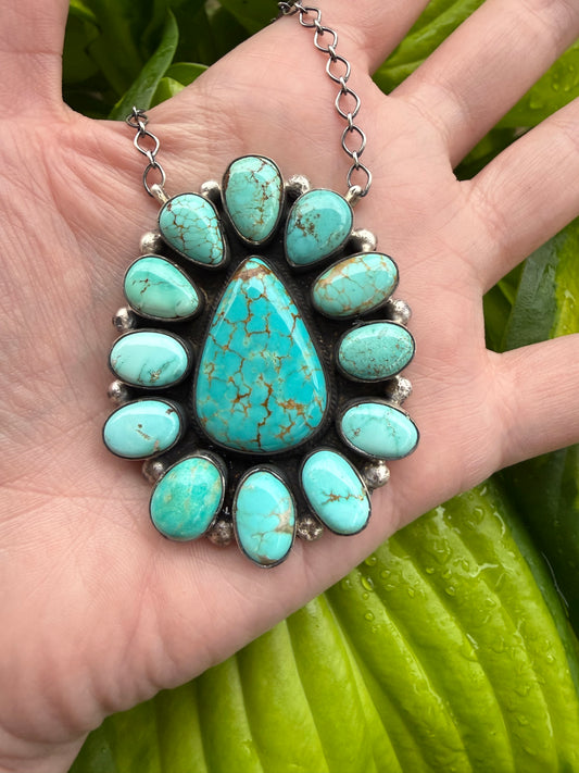 Navajo Royston Turquoise Full Flower Cluster Sterling Silver Necklace by Lorenzo Juan