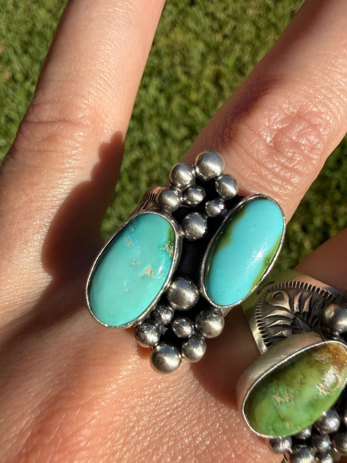 Navajo Sonoran Gold Turquoise Double Stone Ball Work Cluster Ring