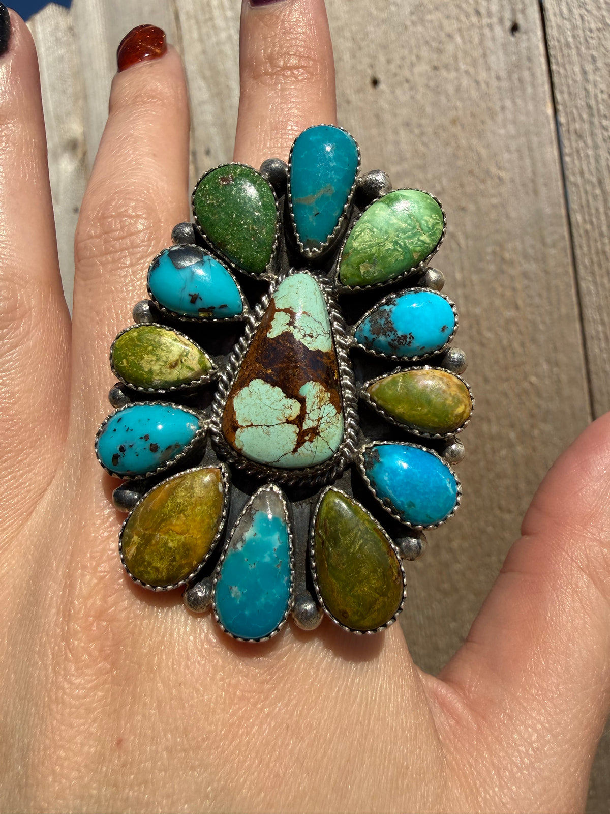 Navajo Big Multi Turquoise Full Flower Cluster Sterling Silver Adjustable Ring