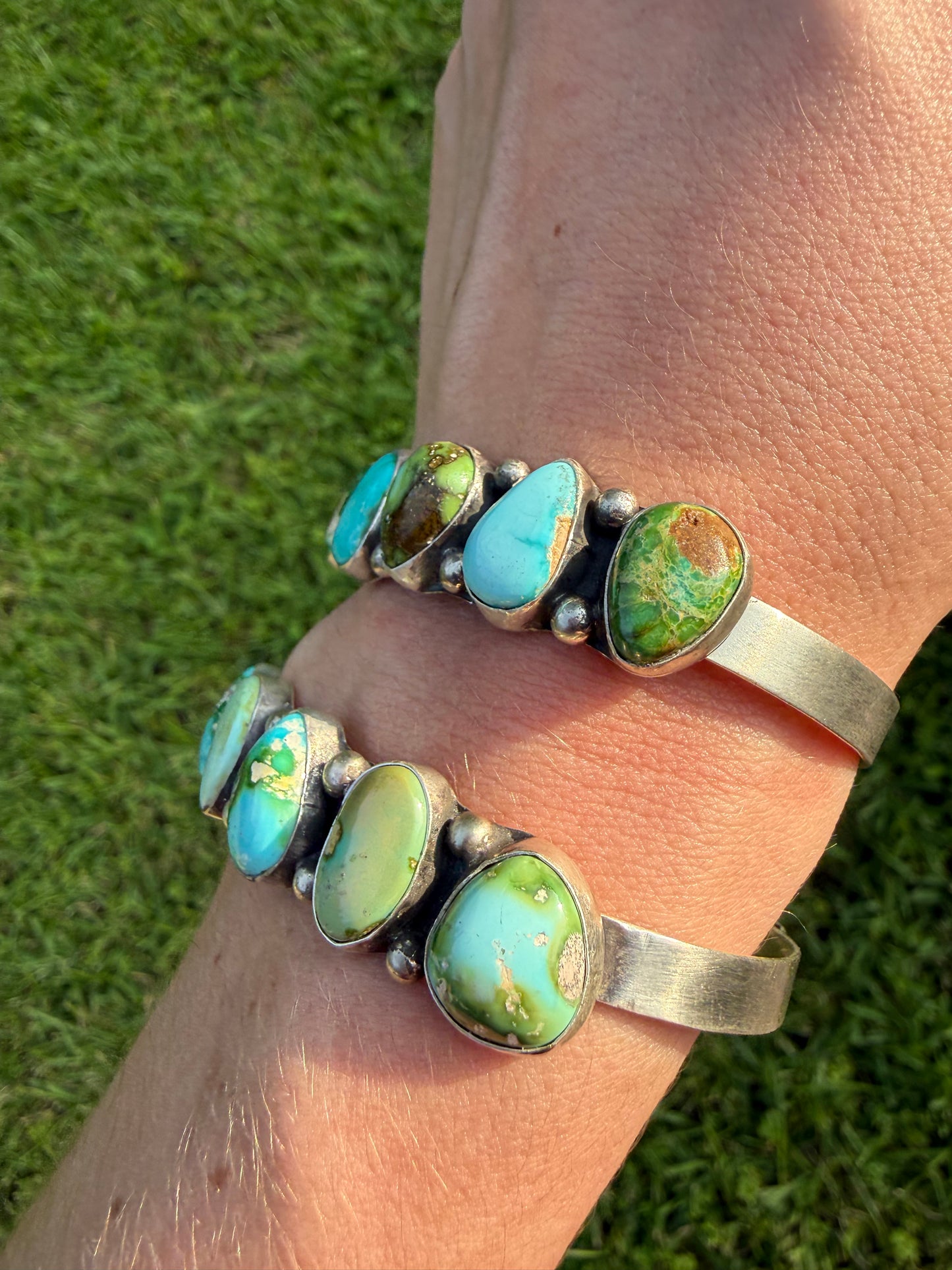 Navajo Sonoran Gold Turquoise 5 Stone Sterling Silver Cuff Bracelet