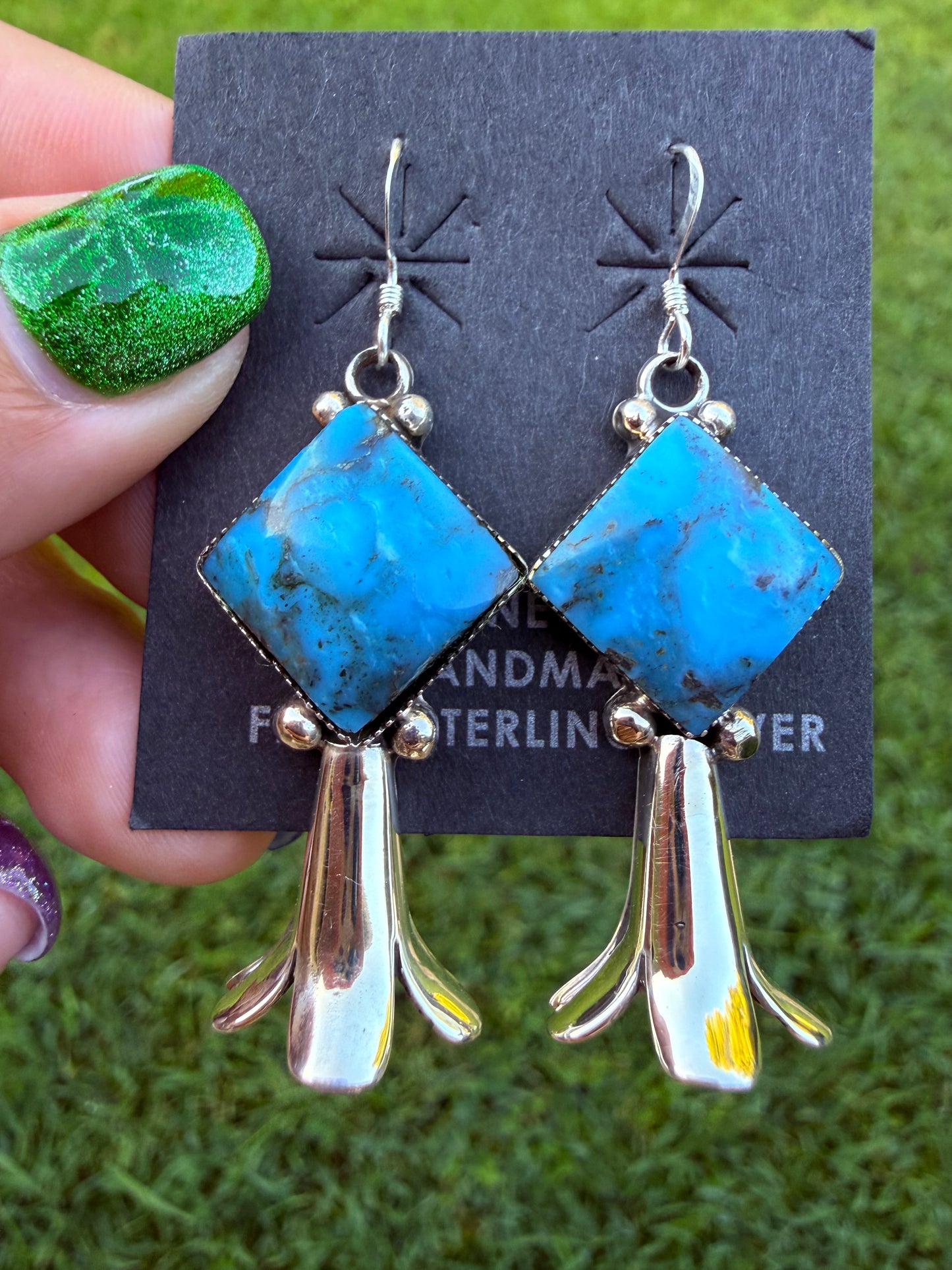 Navajo Turquoise Diamond Squash Horn Sterling Silver Earrings