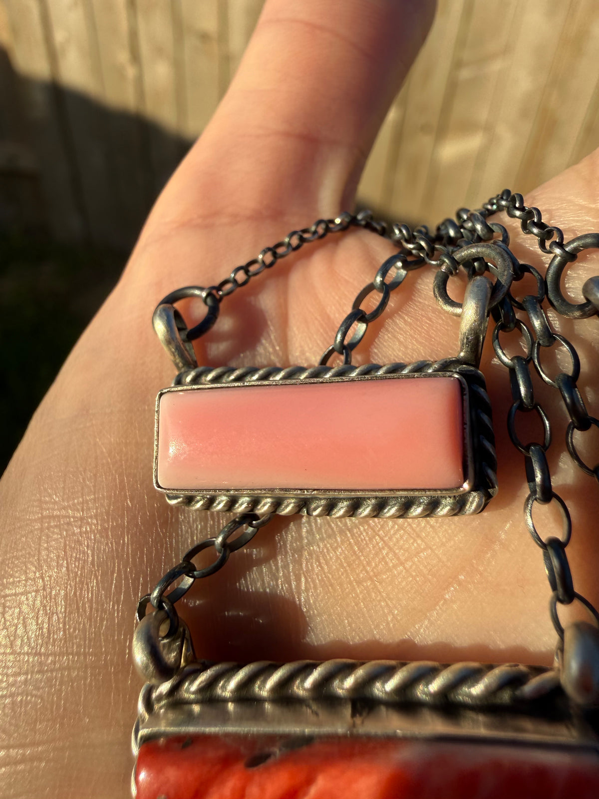 Navajo Classic Bar Pink Conch or Red Spiny Sterling Silver Necklace