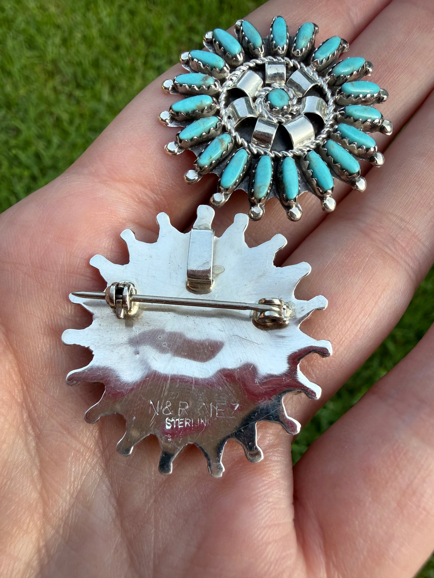 Zuni Needlepoint Turquoise Full Flower Sterling Silver Pin or Pendant