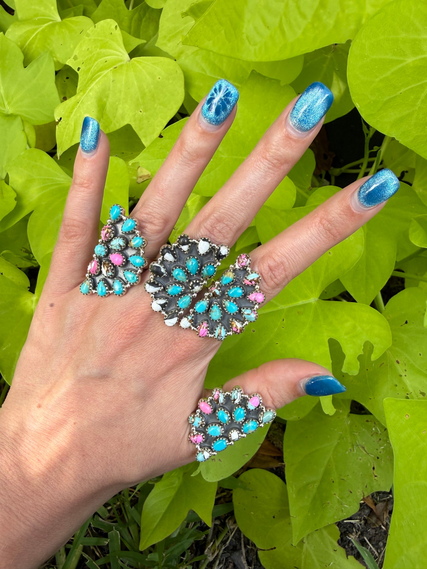 Cotton Candy, Kingman Turquoise, White Buffalo Half Circle Cluster Sterling Silver Adjustable Ring