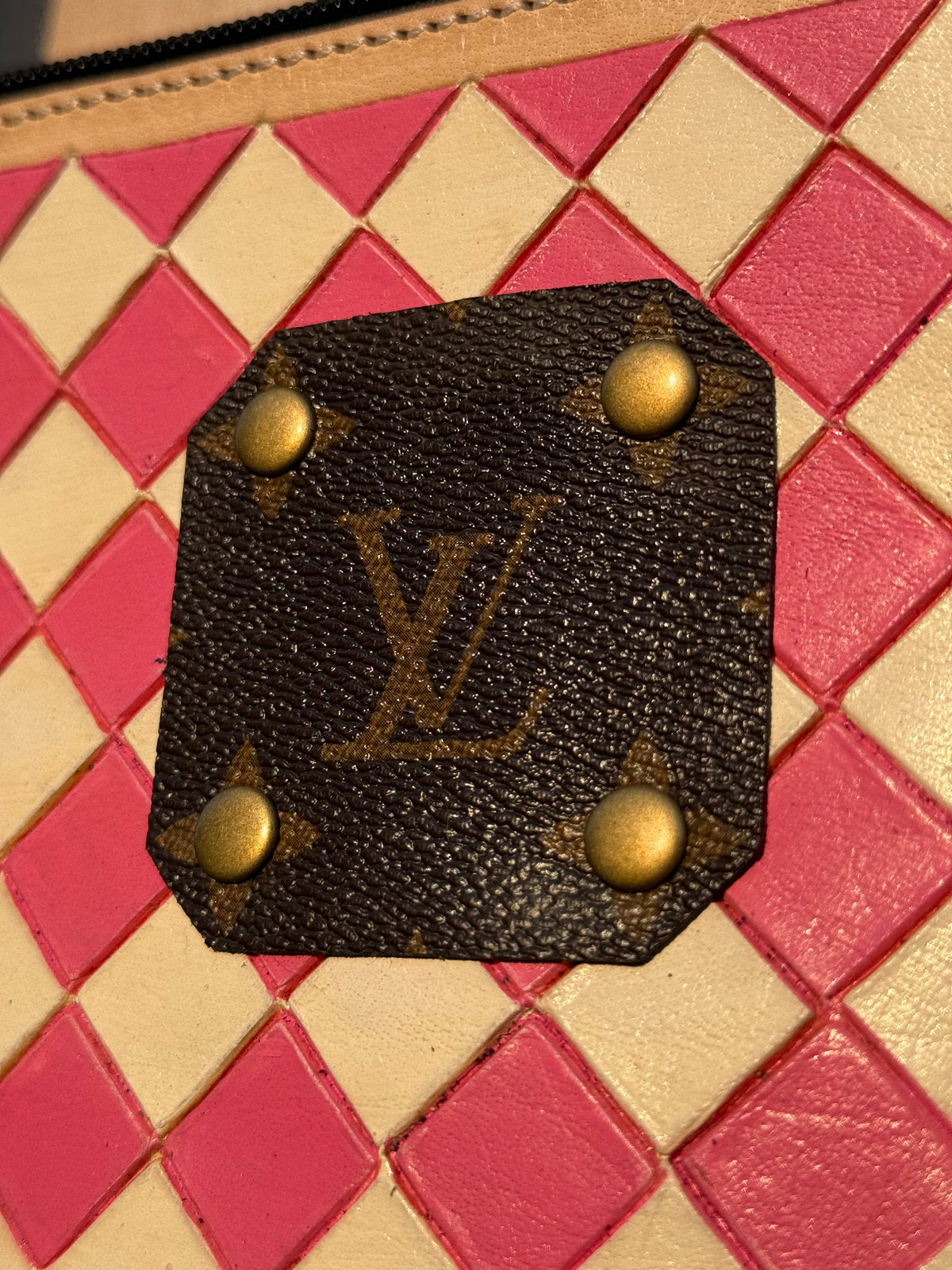 Upcycled LV Cowhide Leather Pink White Checkered Crossbody 