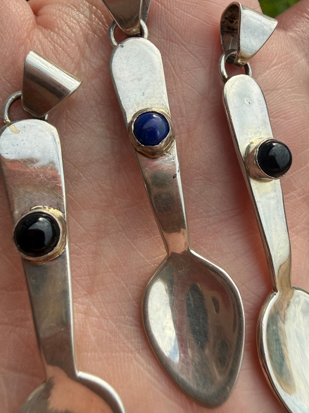 Navajo Spoon Black Onyx or Blue Lapis Sterling Silver Pendant