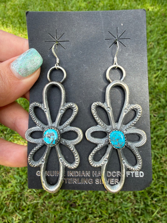 Navajo Turquoise Sterling Silver Big Flower Dangle Earrings