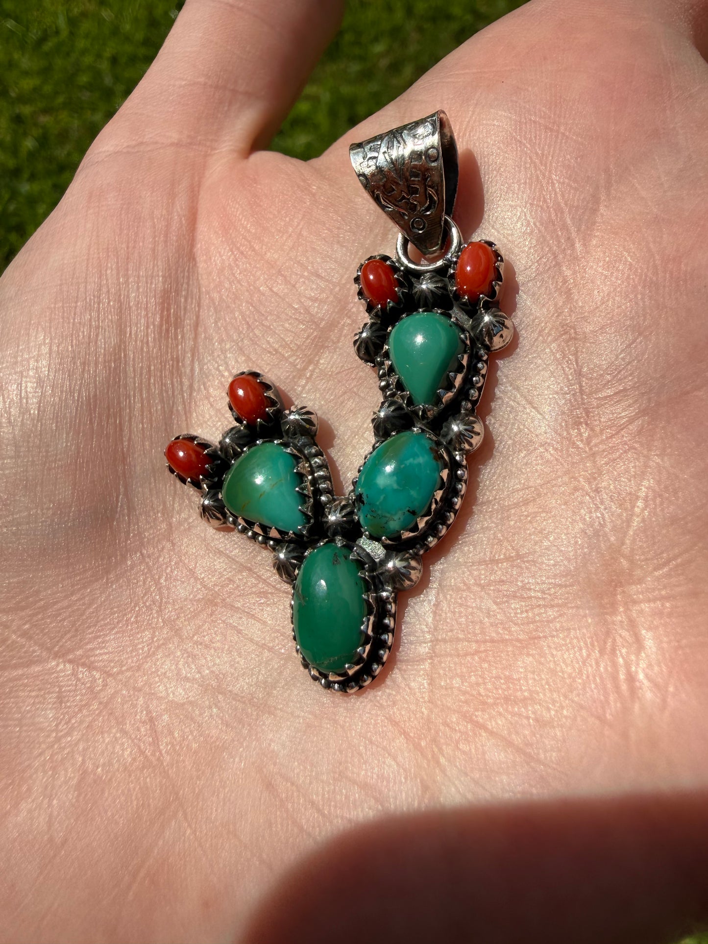 Kingman Turquoise and Coral Cactus Pendant