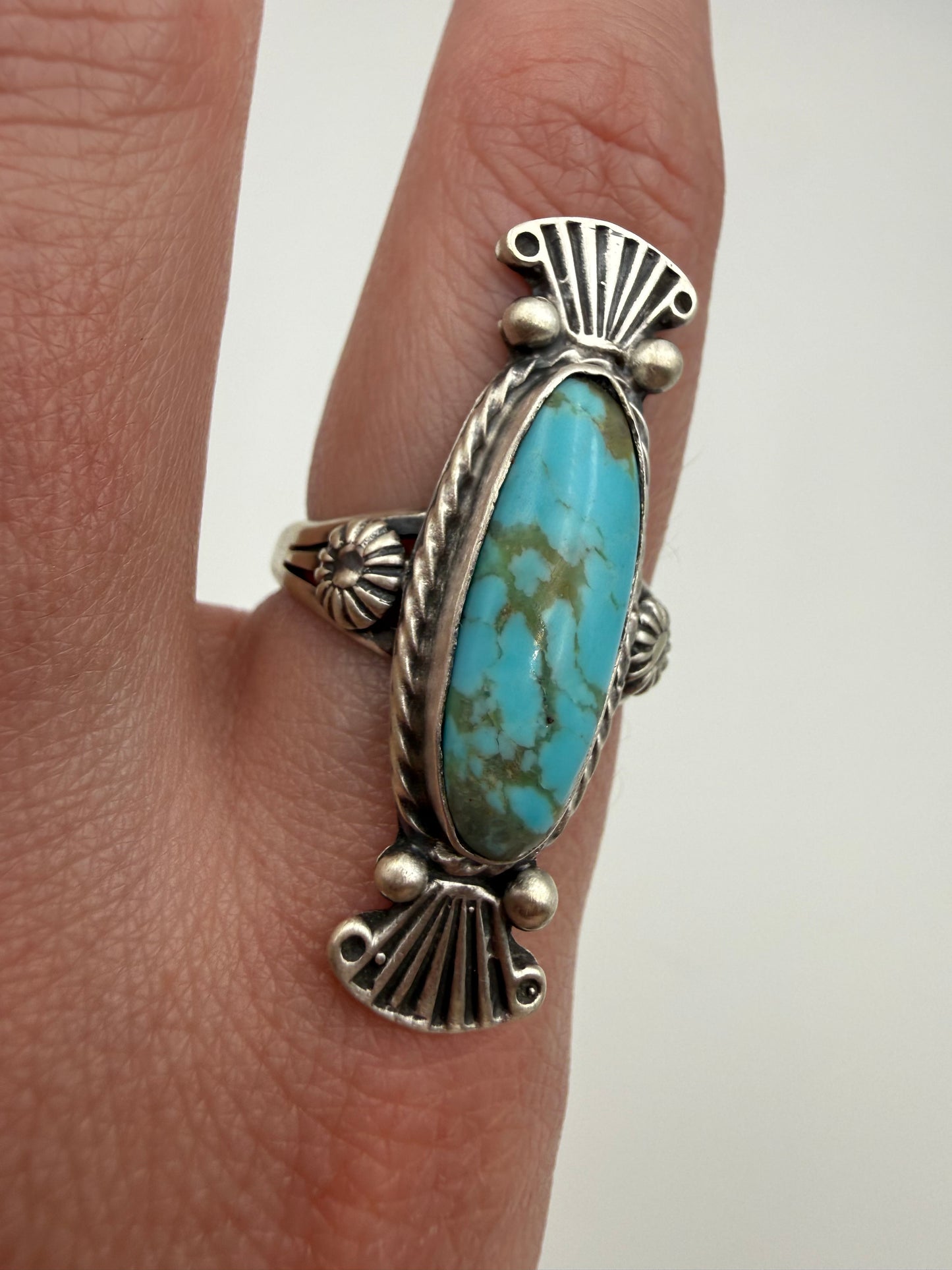 Native Turquoise Long Sterling Silver Ring Size 8 by