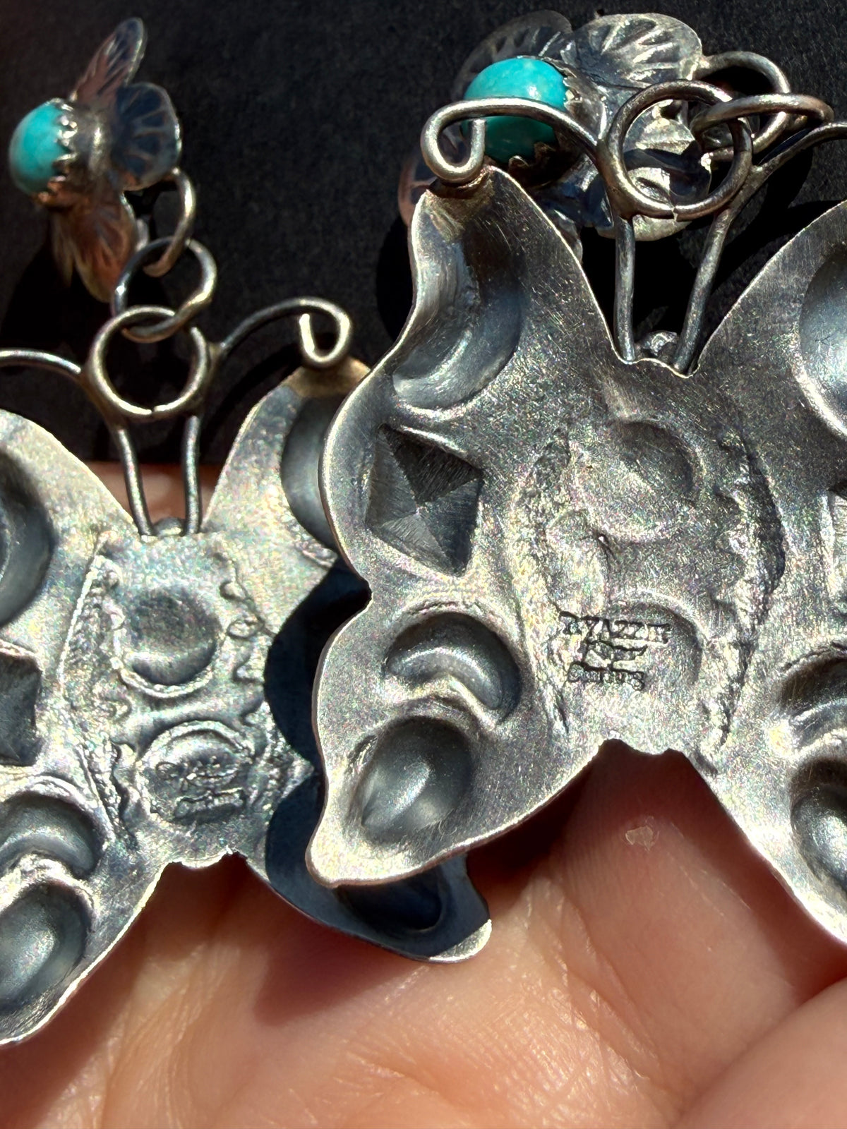 Navajo Butterfly Turquoise Sterling Silver Flower Concho Earrings