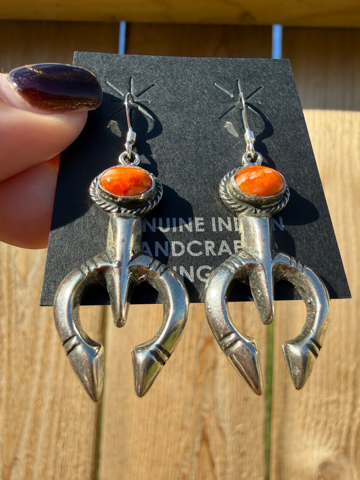 Navajo Orange Spiny Naja Sterling Silver Dangle Earrings