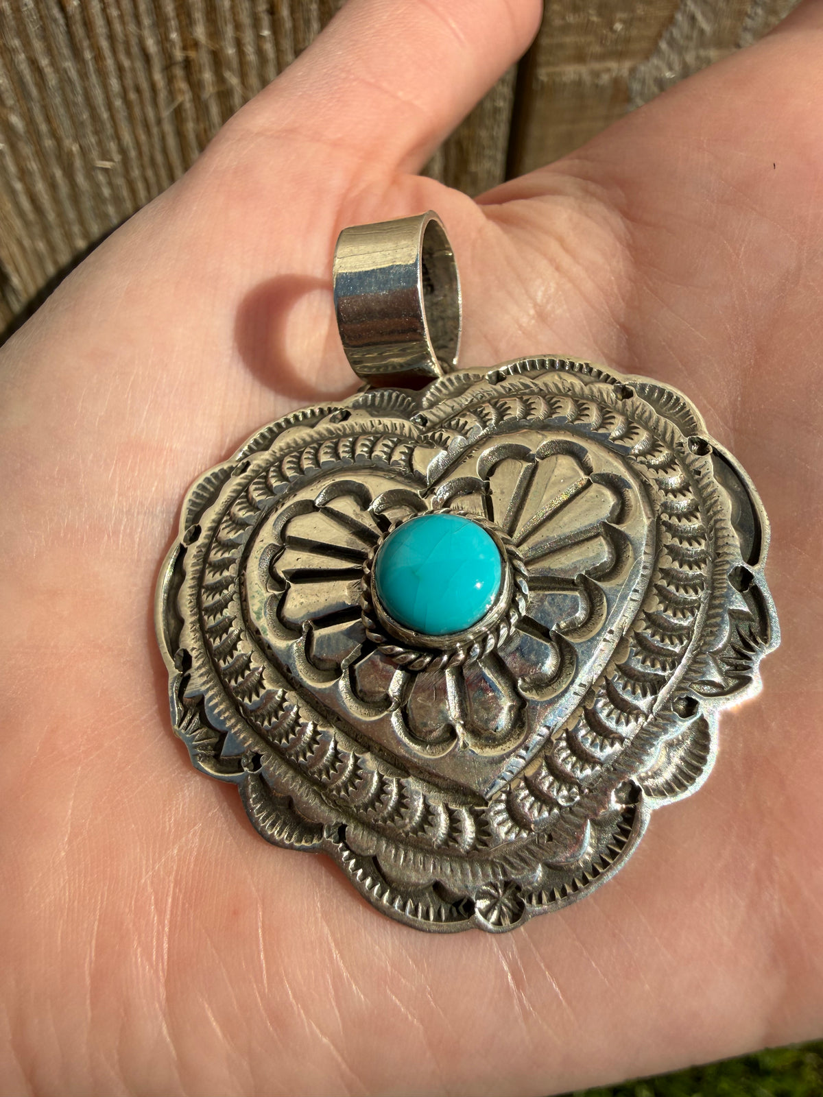 Navajo Turquoise Heart Sterling Silver Stamped Pendant