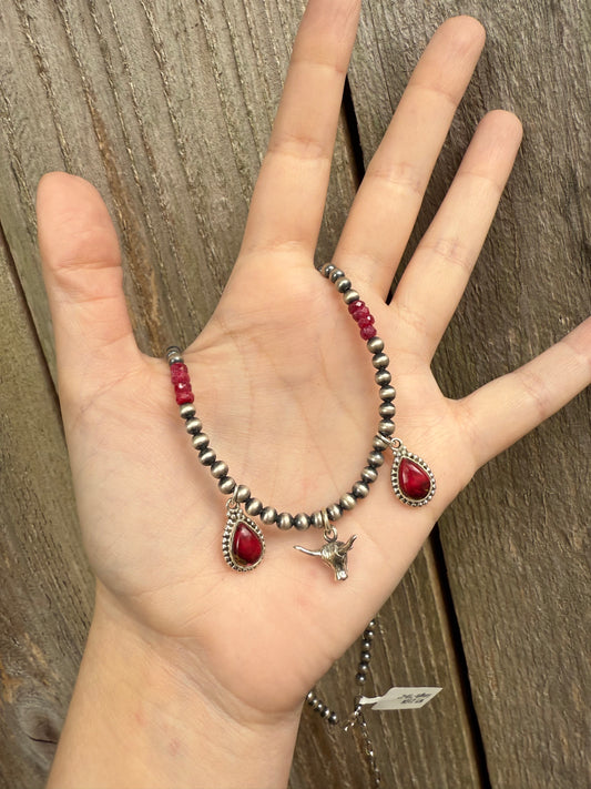 Rose Dahlia and Ruby Long Horn Desert Pearl Sterling Silver 925 Necklace
